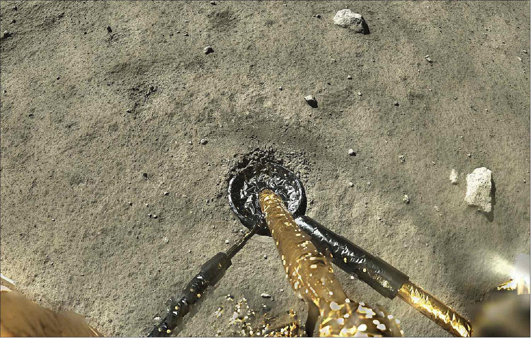 Figure 18: This image from a panorama taken by the Chang’e-5 sample return lander shows one of the spacecraft’s landing legs on the lunar surface (image credit: CNSA)