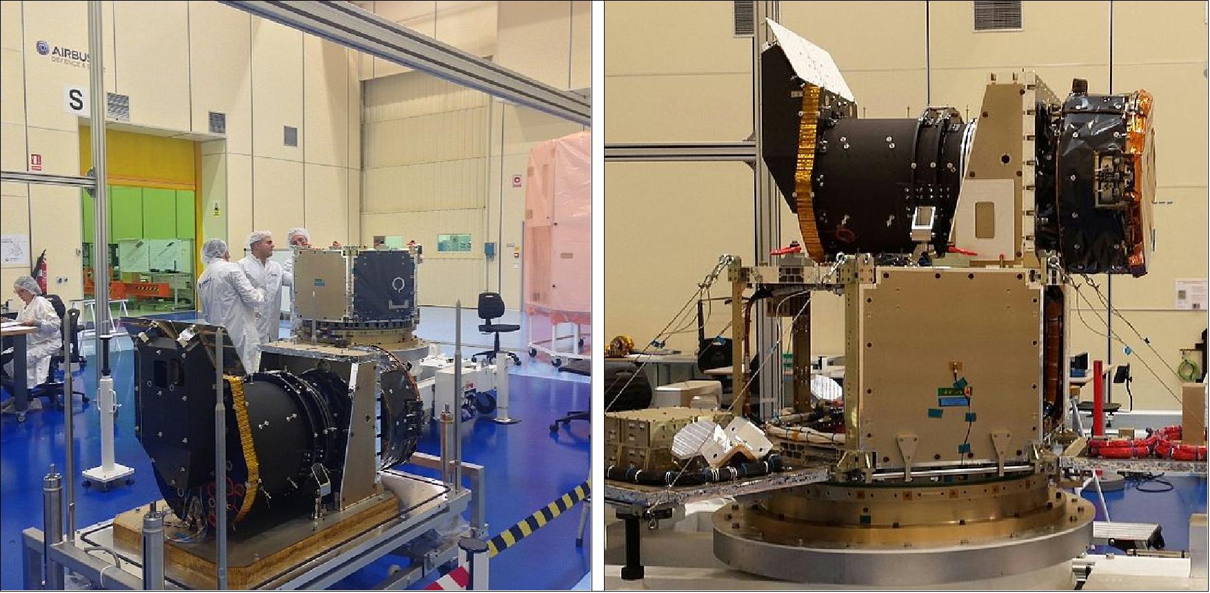 Figure 66: Photos of CHEOPS instrument Structural and Thermal Model and (right) spacecraft Structural Model (image credit: ADS-Spain)