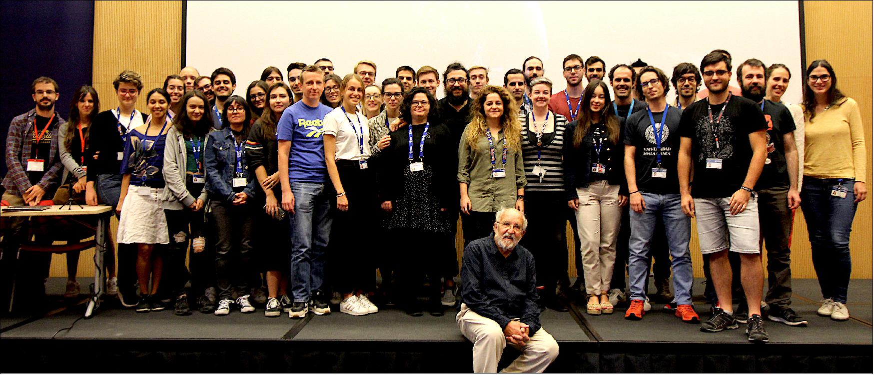 Figure 47: In this photo, Michel Mayor (University of Geneva) is pictured with early career scientists, including ESA trainees, Young Graduate Trainees and Research Fellows, and students from CAB – Centro de Astrobiología (Madrid, Spain), image credit: ESA, E. Fletcher