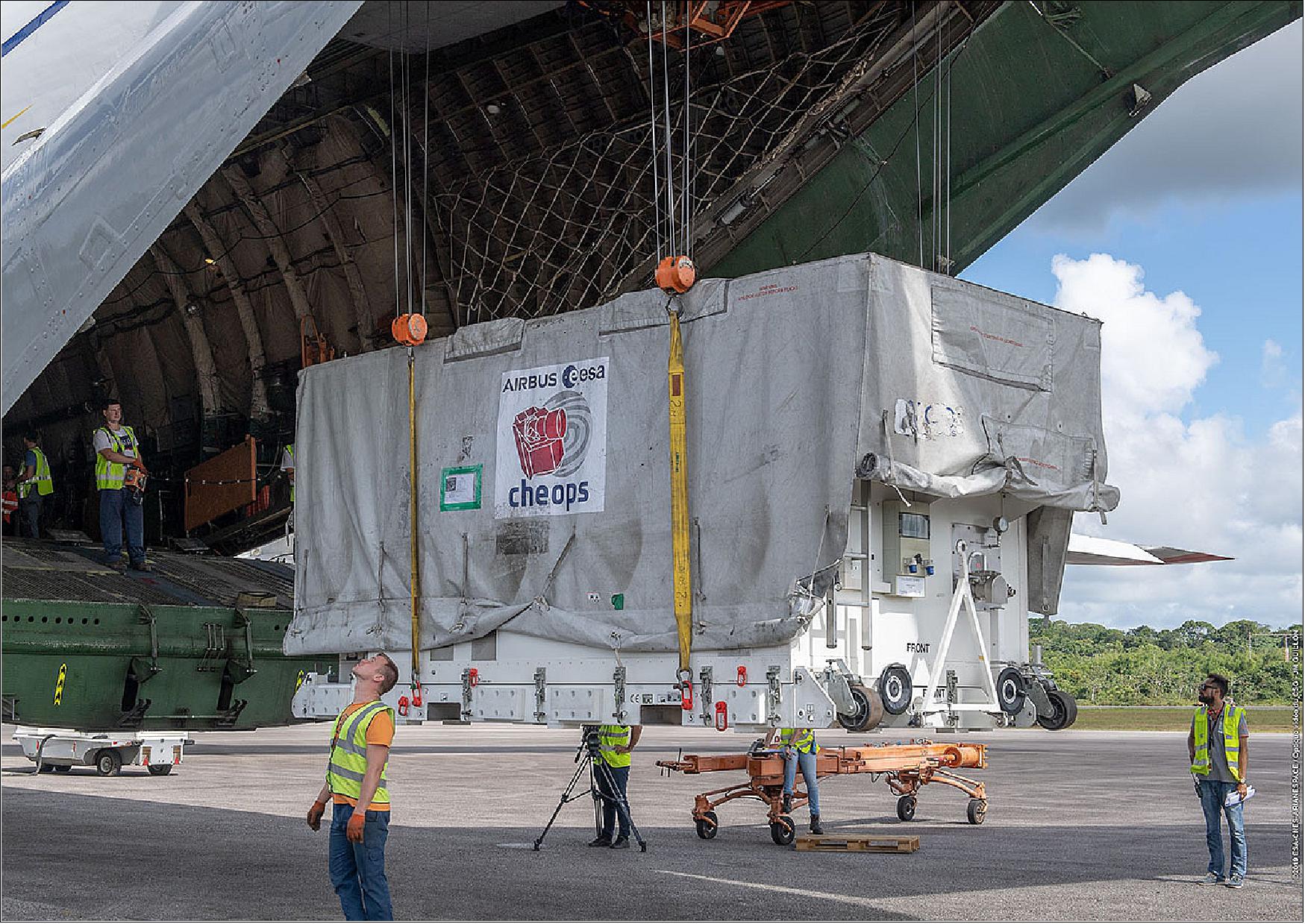 Figure 46: Cheops arrives in Kourou. Here the container carrying the spacecraft is offloaded from the Antonov cargo plane at Cayenne airport (image credit: ESA/CNES/Arianespace/Optique vidéo du CSG)
