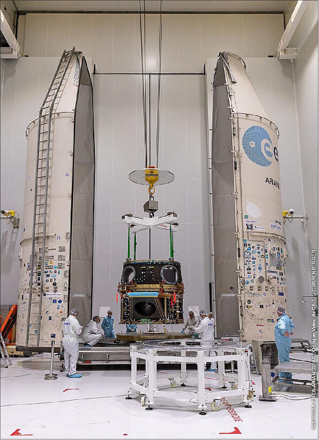 Figure 45: ESA's Cheops, encapsulated under the ASAP-S adapter of the Soyuz launcher, after having been moved to the platform of the transport module on 29 November. The two shells of the module were later closed and sealed before transport to the final integration building at Europe’s Spaceport in Kourou, French Guiana (image credit: ESA/CNES/Arianespace/Optique vidéo du CSG/J Durrenberger)