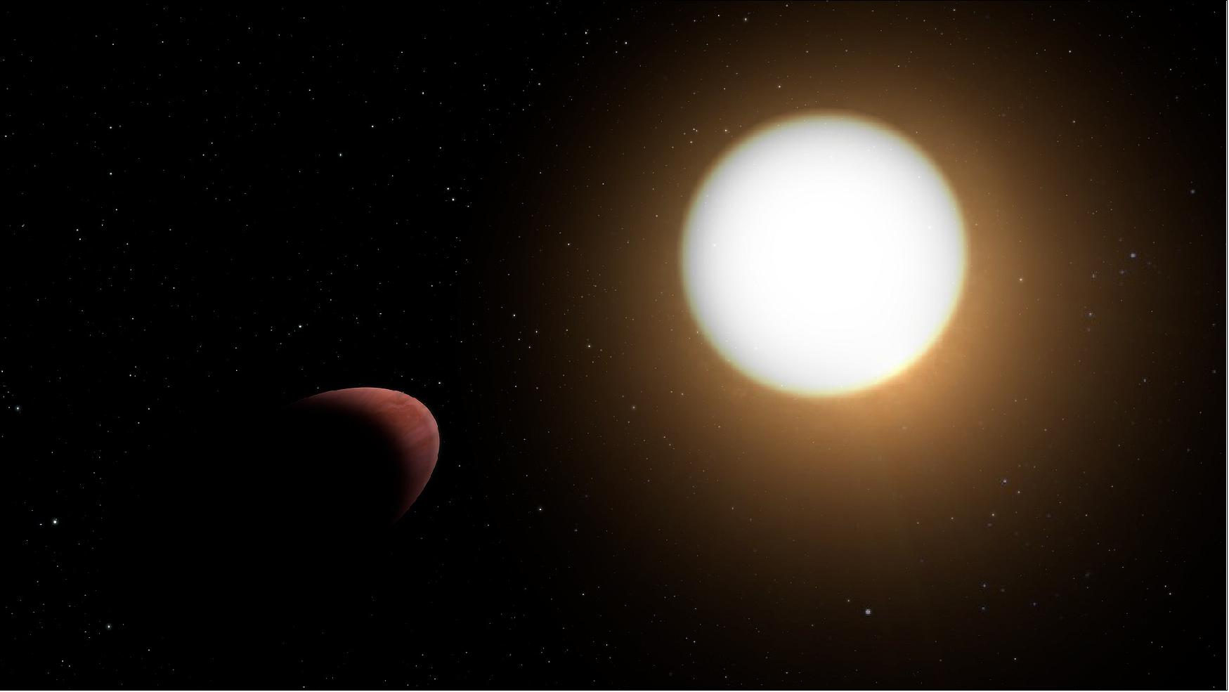 Figure 17: Artist impression of planet WASP-103b and its host star. ESA’s exoplanet mission Cheops has revealed that an exoplanet orbiting its host star within a day has a deformed shape more like that of a rugby ball than a sphere (image credit: ESA)