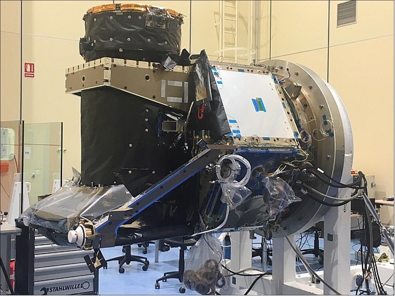 Figure 57: The CHEOPS spacecraft during baffle cover alignment at Airbus Defence and Space Spain (image credit: Airbus Defence and Space Spain)