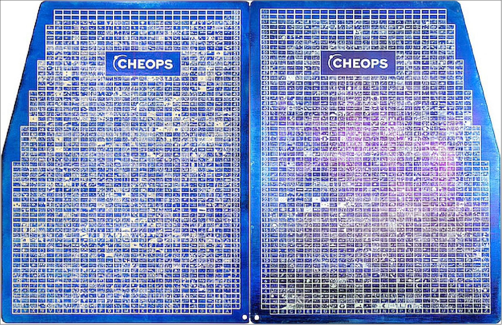 Figure 55: CHEOPS plaques: Two titanium plaques etched with thousands of miniaturized drawings made by children have been fixed to the CHaracterizing ExOPlanets Satellite, CHEOPS. Each plaque measures nearly 18 cm across and 24 cm high (image credit: G. Bucher – Bern University of Applied Sciences)