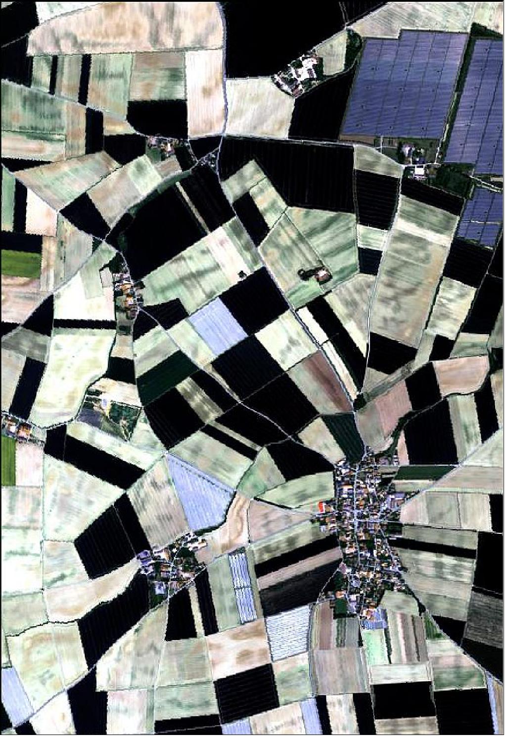 Figure 1: The campaign involved bringing an aircraft and JPL’s measuring instrument from the USA to the Dübendorf airbase near Zurich in Switzerland. The Next Generation Airborne Visible Infrared Imaging Spectrometer, AVIRIS, instrument resembles the capabilities that CHIME will have once in orbit. Captured by AVIRIS, the image shows agricultural fields in Irlbach, Germany (image credit: NASA/JPL)