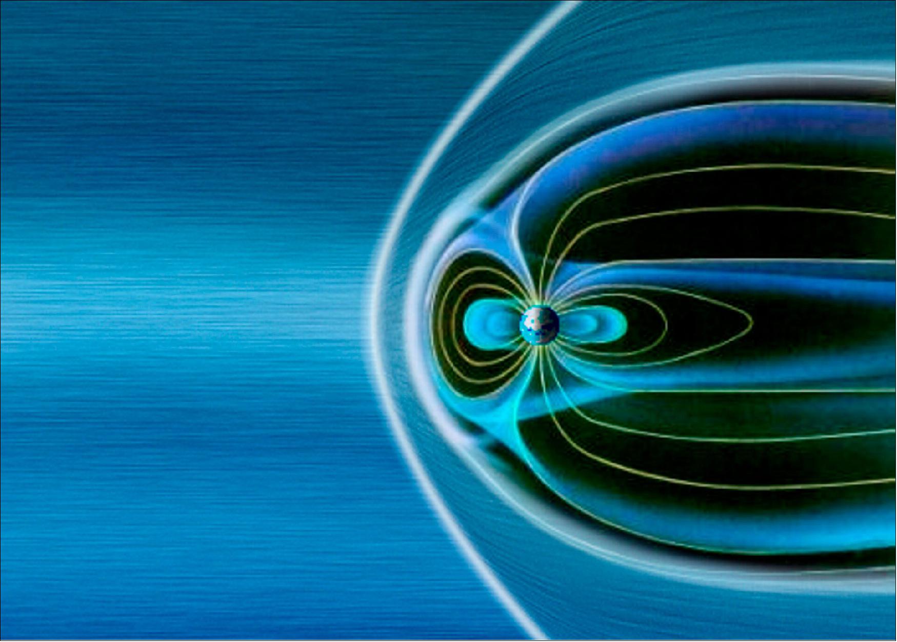 Figure 12: Earth's bow shock and magnetosphere. This artist's impression shows Earth's bow shock, a standing shockwave that forms when the solar wind meets our planet's magnetosphere (image credit: ESA/AOES Medialab)