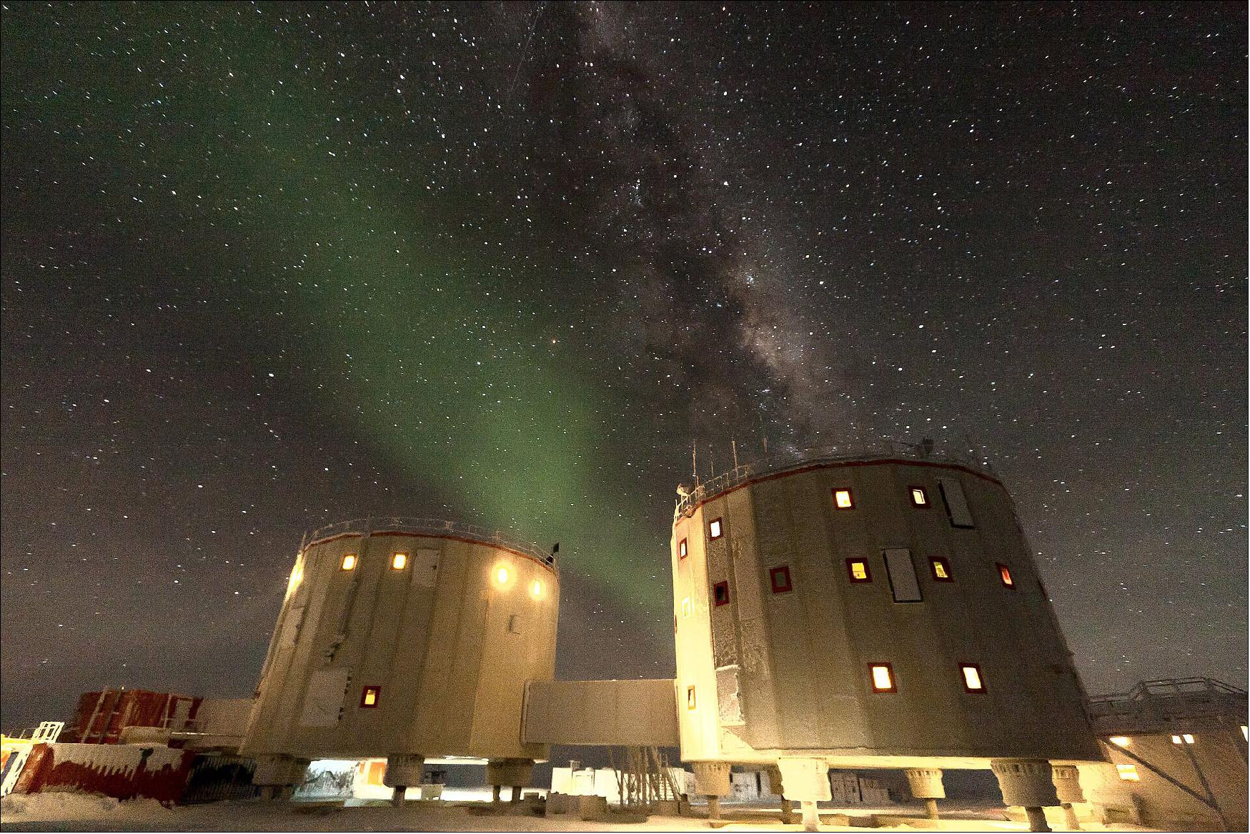 Figure 18: Aurora Australis over Concordia base. The ethereal green glow of Aurora Australis high over Concordia located in the Antarctic at –75ºS latitude.