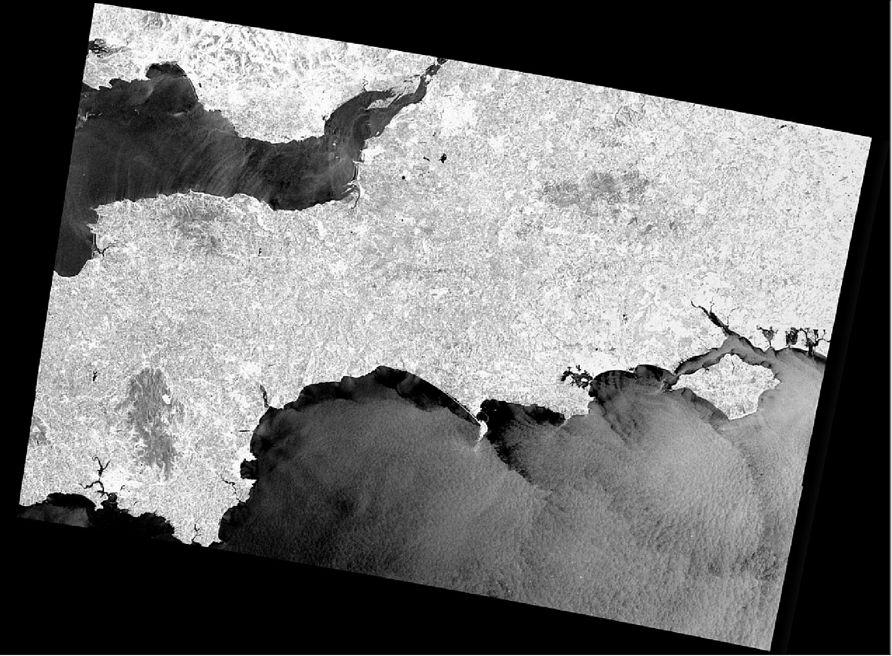 Figure 15: Image of southwest England and the English Channel from Sentinel-1. The effects of wind along the Devon and Dorset shorelines are particularly striking. Where the sea is flat it appears black and this is down to the sheltering effects of the land or the funnelling effect of small valleys along the coastline. The gusty nature of the wind is apparent as small-scale structures to the southwest of Devon. Sentinel-1’s SAR (Synthetic Aperture Radar) can be considered a 'super-scatterometer', providing information on the wind speed and structure at a higher resolution than traditional satellite scatterometers used for observing wind at the sea surface (image credit: ESA, the image contains modified Copernicus Sentinel data (2016), processed by Ifremer).