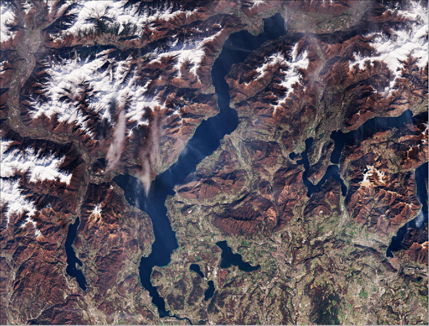 Figure 11: Lake Maggiore and Baveno. The manifesto that gave rise to Europe’s Copernicus program was signed in 1998 in Baveno, which lies on the southwest shore of Lake Maggiore in Italy. This image was captured by the Copernicus Sentinel-2 mission on 8 March 2017 (image credit: ESA, the image contains modified Copernicus Sentinel data (2017), processed by ESA)