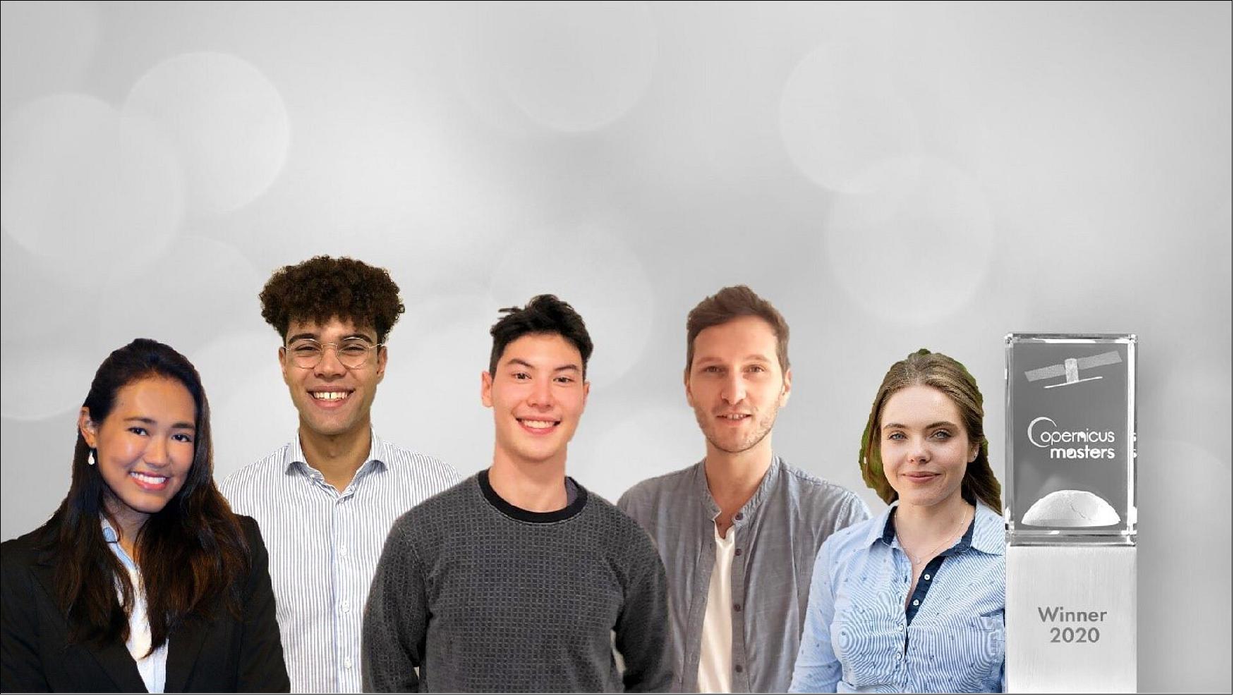 Figure 2: Reef Support team. The Team of Reef Support won the 2020 Copernicus Masters competition. From left to right: Crystle Wee, Yohan Runhaar, Marcel Kempers, Marijn van der Laan, Eilidh Radcliff. The innovative idea uses Copernicus Sentinel data and artificial intelligence to detect coral bleaching, algal blooms, sediment plumes and debris (image credit: Reef Support)