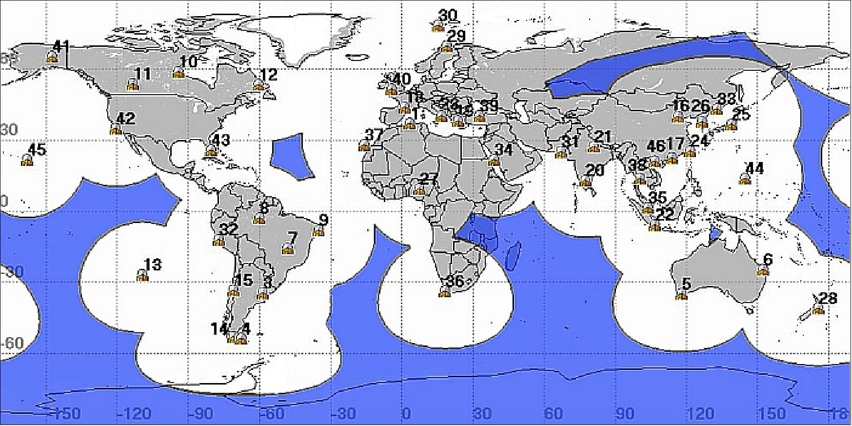 Figure 21: Locations of COSPAS-SARSAT LEOLUTs (April 2010), image credit: COSPAS-SARSAT