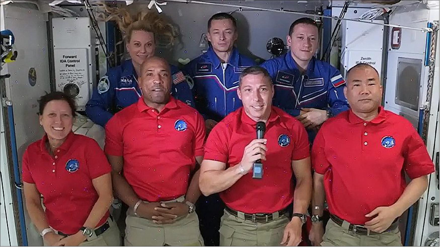 Figure 12: The four Commercial Crew astronauts (front row from left) Shannon Walker, Victor Glover, Michael Hopkins and Soichi Noguchi are welcomed aboard the station. In the back row from left are, NASA astronaut Kate Rubins and cosmonauts Sergey Ryzhikov and Sergey Kud-Sverchkov (image credit: NASA)