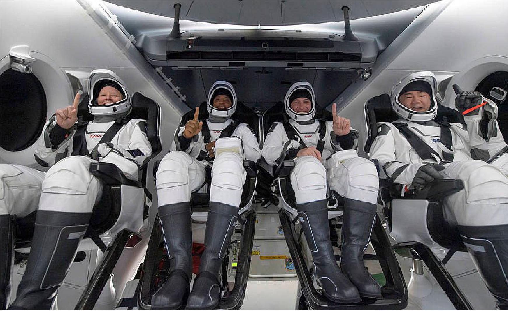 Figure 9: NASA astronauts Shannon Walker, left, Victor Glover, Mike Hopkins, and Japan Aerospace Exploration Agency (JAXA) astronaut Soichi Noguchi, right are seen inside the SpaceX Crew Dragon Resilience spacecraft onboard the SpaceX GO Navigator recovery ship shortly after landing in the Gulf of Mexico off the coast of Panama City, Florida, at 2:56 a.m. EDT May 2, 2021 (image credit: NASA, Bill Ingalls)