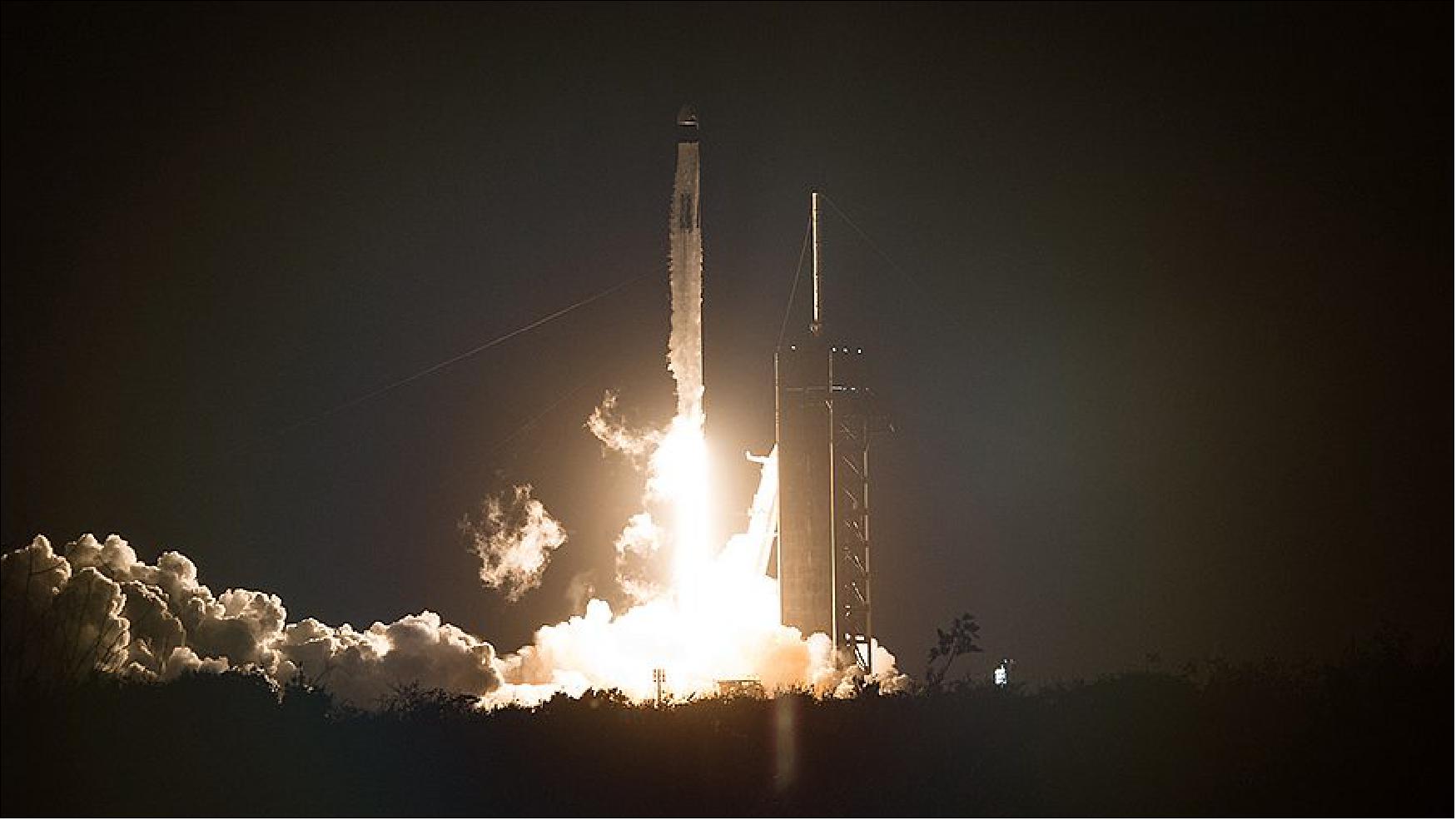 Figure 7: The SpaceX Falcon 9 rocket lifts off with four Commercial Crew astronauts inside the Crew Dragon vehicle from Kennedy Space Center in Florida (image credit: NASA)