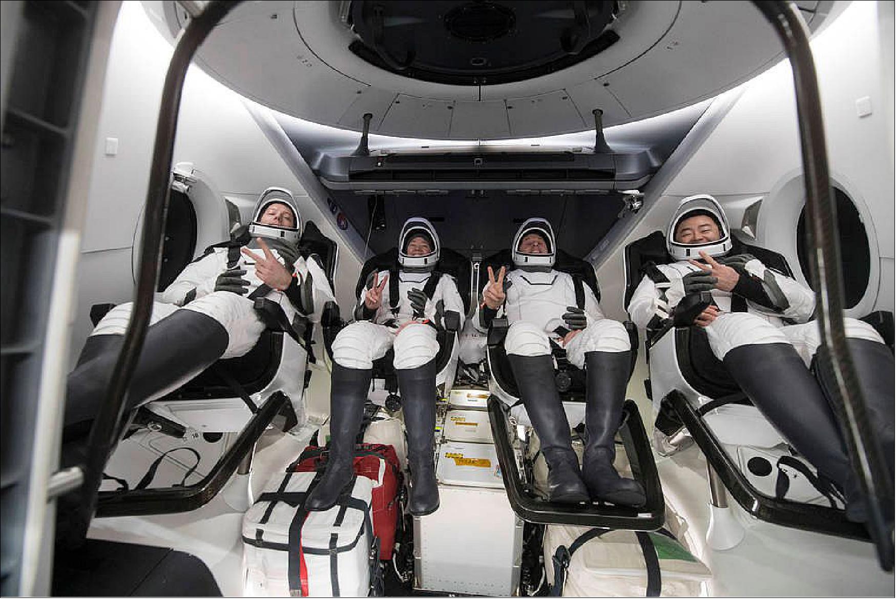 Figure 6: ESA (European Space Agency) astronaut Thomas Pesquet, left, NASA astronauts Megan McArthur and Shane Kimbrough, and Japan Aerospace Exploration Agency (JAXA) astronaut Aki Hoshide, right, are seen inside the SpaceX Crew Dragon Endeavour spacecraft onboard the SpaceX GO Navigator recovery ship shortly after having landed in the Gulf of Mexico off the coast of Pensacola, Florida, Monday, Nov. 8, 2021. NASA’s SpaceX Crew-2 mission is the second operational mission of the SpaceX Crew Dragon spacecraft and Falcon 9 rocket to the International Space Station as part of the agency’s Commercial Crew Program (image credits: NASA/Aubrey Gemignani)