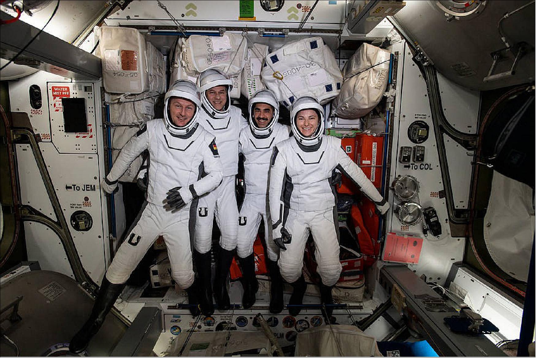 Figure 30: The four commercial crew astronauts representing NASA’s SpaceX Crew-3 mission are pictured in their Dragon spacesuits for a fit check aboard the International Space Station's Harmony module on April 21. From left, are ESA (European Space Agency) astronaut Matthias Maurer, and NASA astronauts Tom Marshburn, Raja Chari, and Kayla Barron (image credit: NASA)