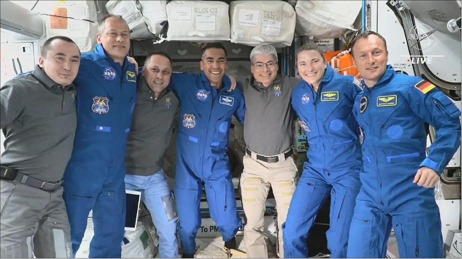 Figure 11: The Expedition 66 crew poses for a photo after SpaceX Crew-3’s arrival to station (image credit: NASA TV)