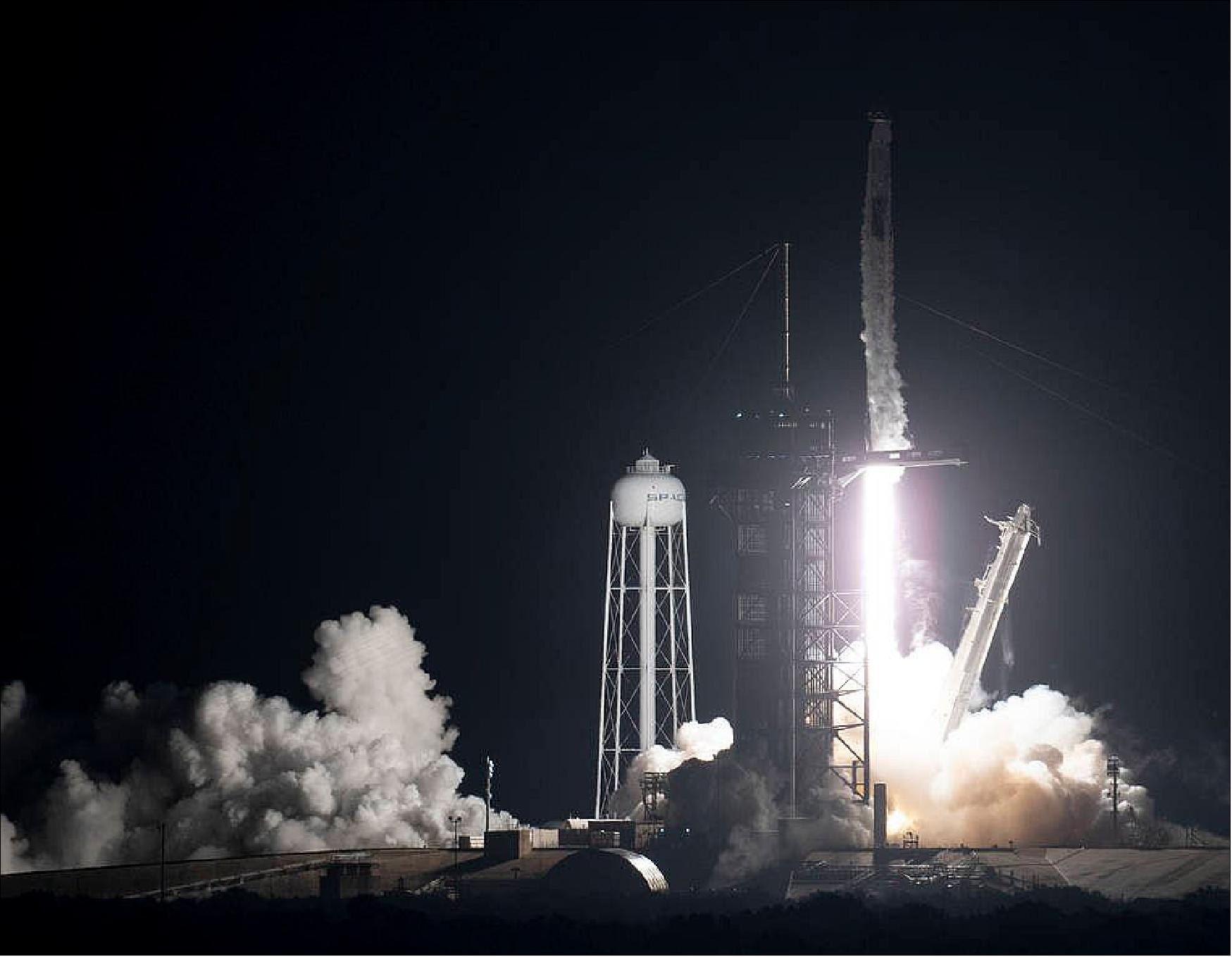 Figure 4: A SpaceX Falcon 9 rocket carrying the company's Crew Dragon spacecraft is launched on NASA’s SpaceX Crew-3 mission to the ISS with NASA astronauts Raja Chari, Tom Marshburn, Kayla Barron, and ESA (European Space Agency) astronaut Matthias Maurer onboard (image credits: NASA, Joel Kowsky)