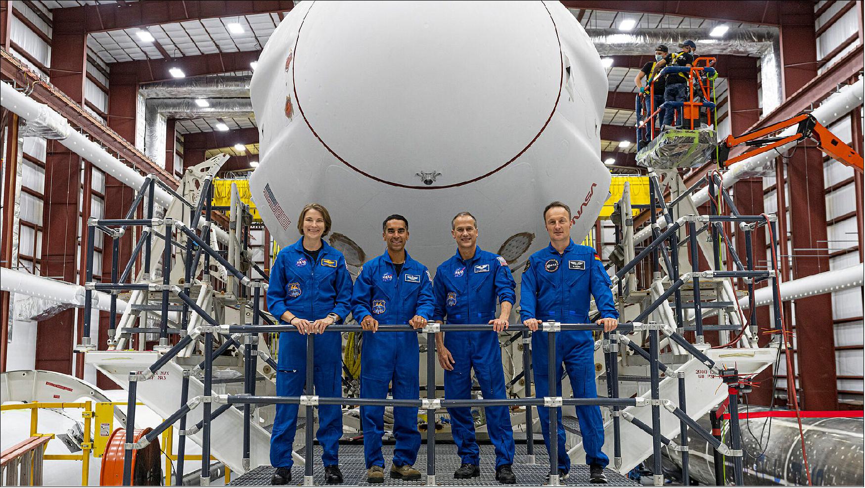 Figure 3: Crew-3 astronauts Kayla Barron, Raja Chari, Tom Marshburn and Matthias Maurer in the SpaceX hangar at NASA's Kennedy Space Center in Florida, USA where their Crew Dragon spacecraft Endurance is ready for launch to the International Space Station (image credit: SpaceX) 5)