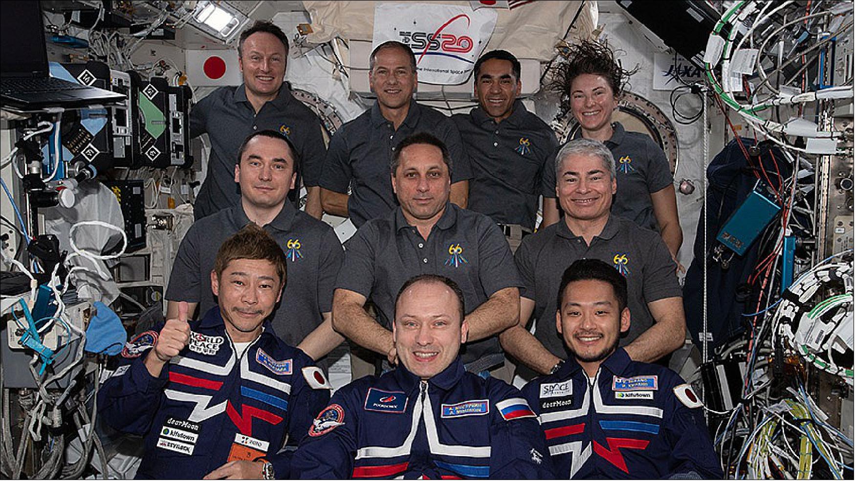 Figure 15: The three-person Soyuz MS-20 crew (front row) participates in a group portrait with the seven-member Expedition 66 crew. (image credit: NASA TV)