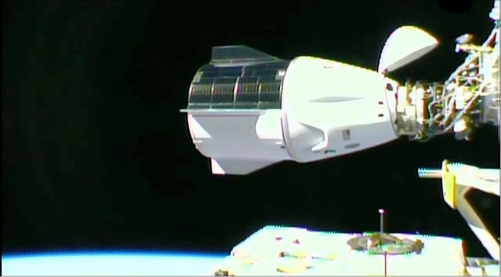 Figure 13: The Crew Dragon spacecraft Endurance docked to the station's Harmony module (image credit: NASA TV)
