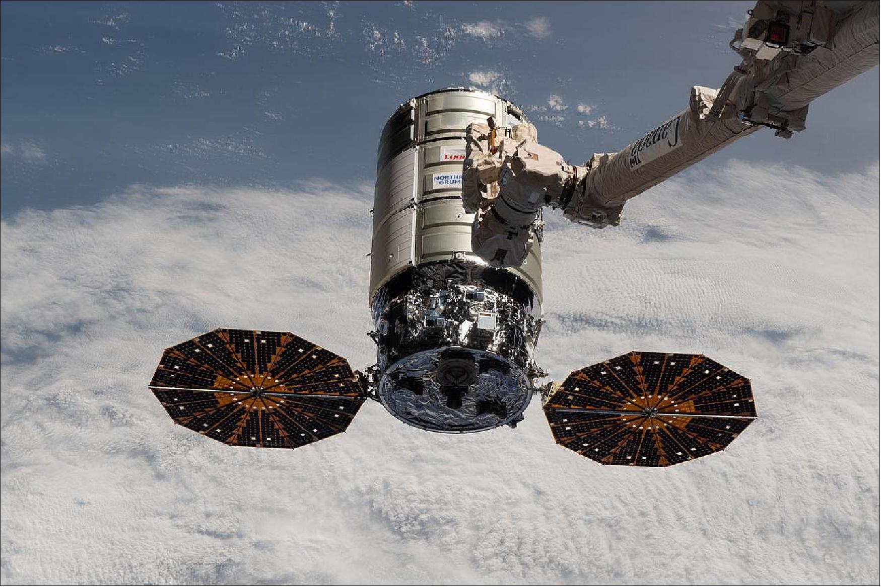 Figure 4: On October 5, the Cygnus NG-14 space freighter approaches the ISS where the Canadarm2 robotic arm is poised to capture it for docking (image credit: NASA)