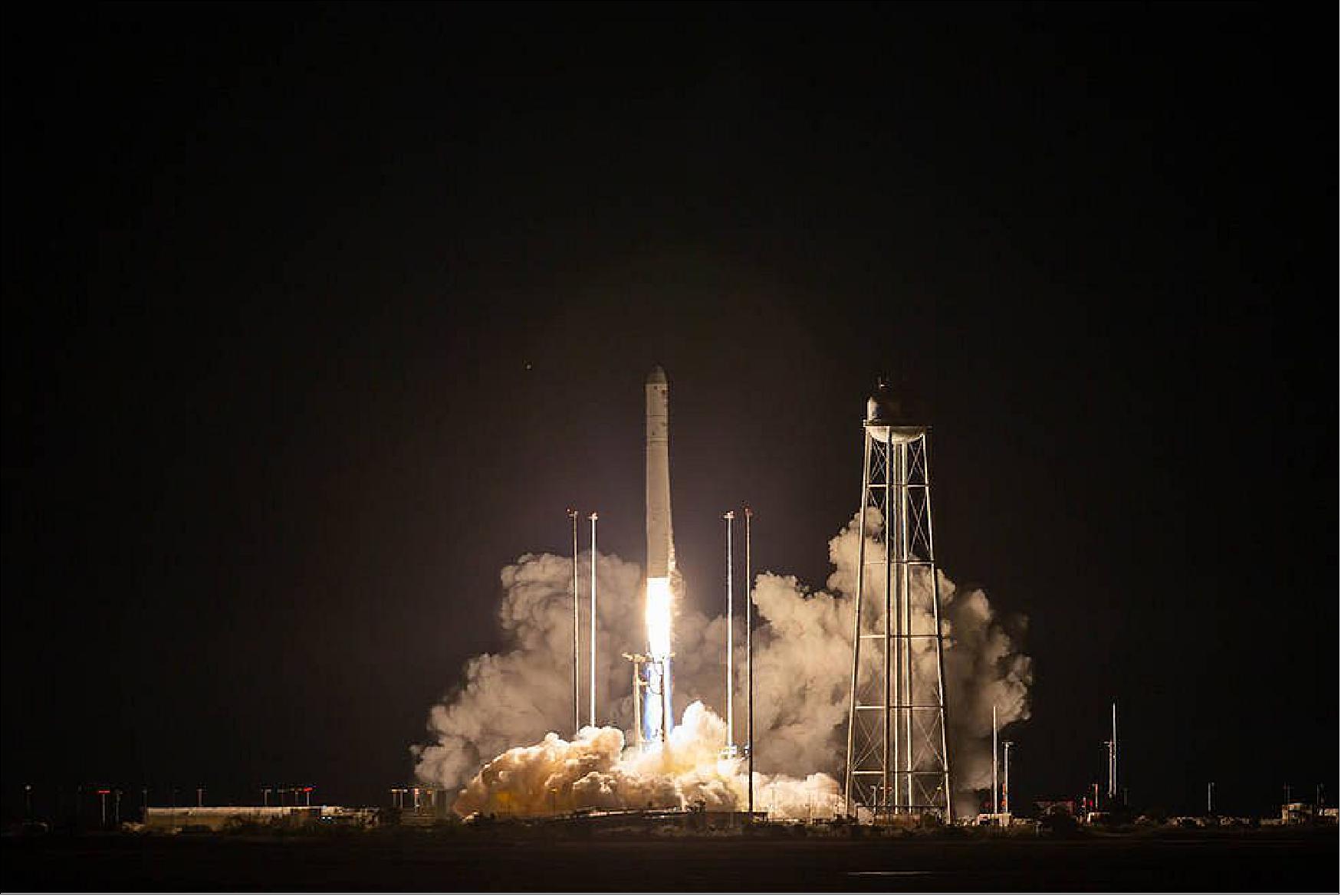 Figure 1: A Northrop Grumman Antares rocket launches to the International Space Station on Oct. 2, 2020 (9:16 p.m. EDT), from NASA's Wallops Flight Facility, Wallops Island, Virginia. The rocket is carrying a Cygnus spacecraft with 8,000 pounds of supplies and experiments (image credit: NASA Wallops, Patrick Black)