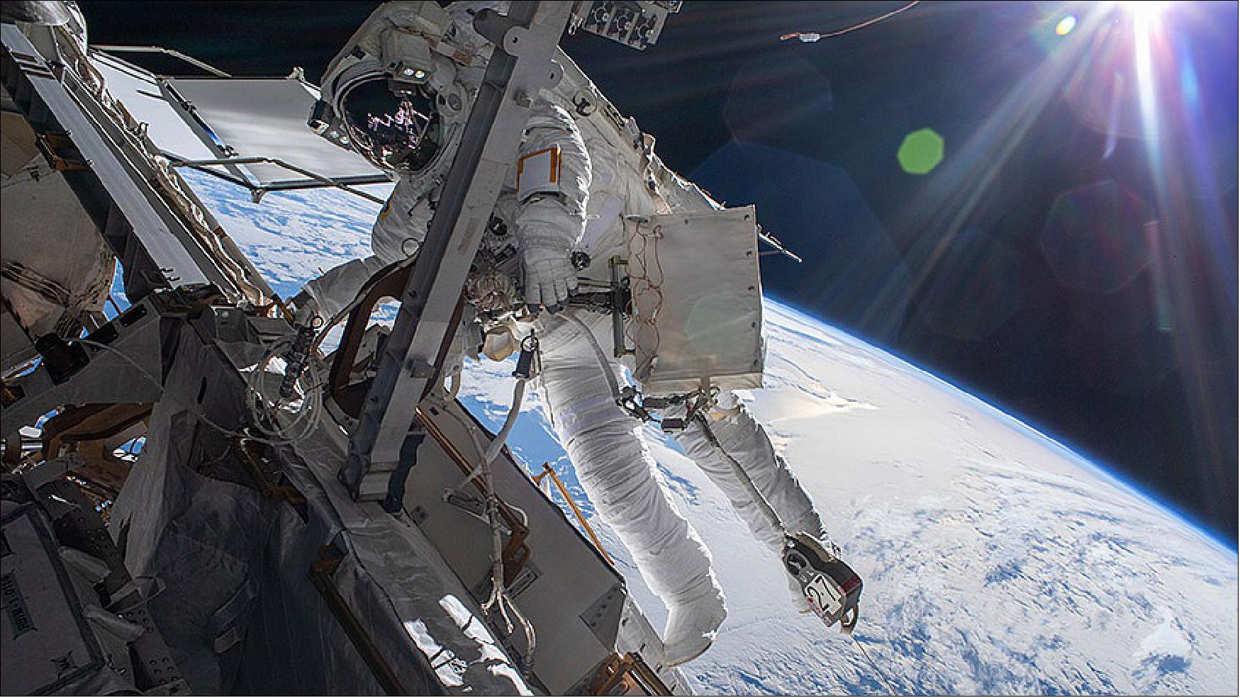 Figure 10: Astronaut Matthias Maurer is pictured during a spacewalk to install thermal gear and electronics components on the space station as it orbited 268 miles above the Pacific Ocean (image credit: NASA TV)