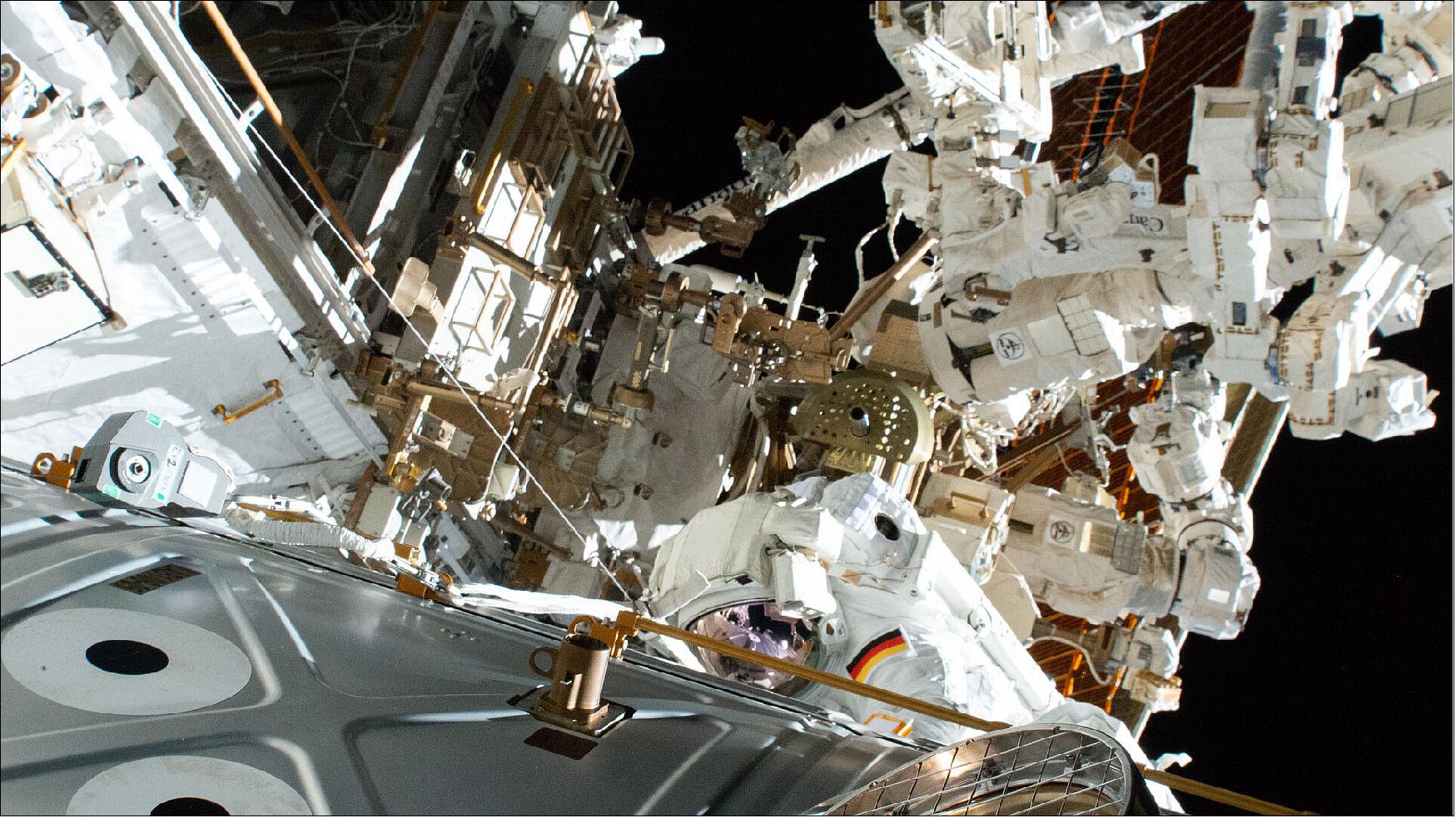 Figure 9: Matthias Maurer performed his first spacewalk during his Cosmic Kiss mission yesterday with fellow astronaut Raja Chari of NASA. Extravehicular activity or EVA 80 lasted 6 hours and 54 minutes and was not without some excitement (image credit: ESA/NASA)