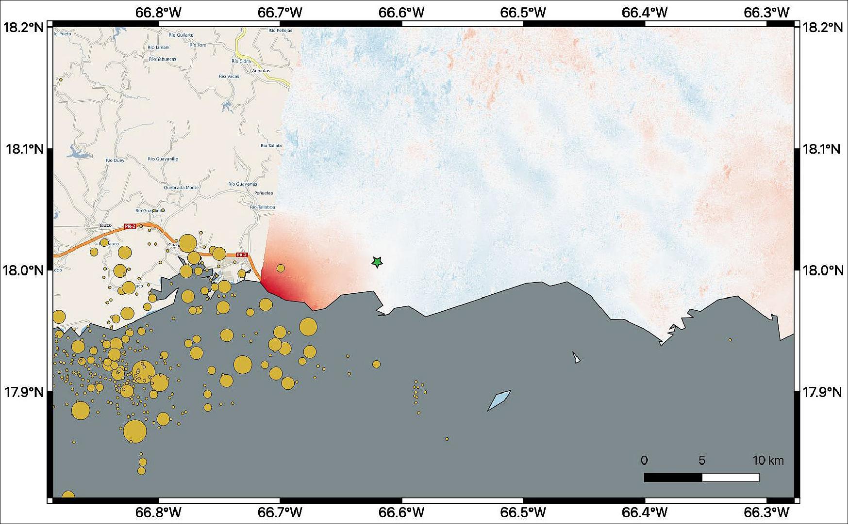 Figure 30: This map shows ground changes, or displacement, on the eastern two-thirds of Puerto Rico following a 6.4-magnitude earthquake. The ground shifted up to 5.5 inches (14 cm) in a downward and slightly west direction (image credit: NASA/JPL-Caltech, ESA, USGS)