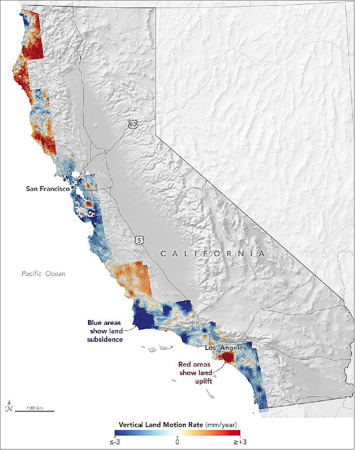 Figure 7: The map highlights the variability in the rising and falling of land across California’s 1000-mile (1,500 km) coast. Areas shown in blue are subsiding, with darker blue areas sinking faster than lighter blue ones. The areas shown in dark red are rising the fastest. The map was created by comparing thousands of scenes of synthetic aperture radar (SAR) data collected between 2007 and 2011 (ALOS) with more collected between 2014 and 2018 (Sentinel-1A). Blackwell and colleagues looked for differences in the data—a processing technique known as interferometric synthetic aperture radar (InSAR). [image credit: NASA Earth Observatory images by Lauren Dauphin, using data from Blackwell, Em, et al. (2020) and topographic data from the Shuttle Radar Topography Mission (SRTM). Story by Adam Voiland]