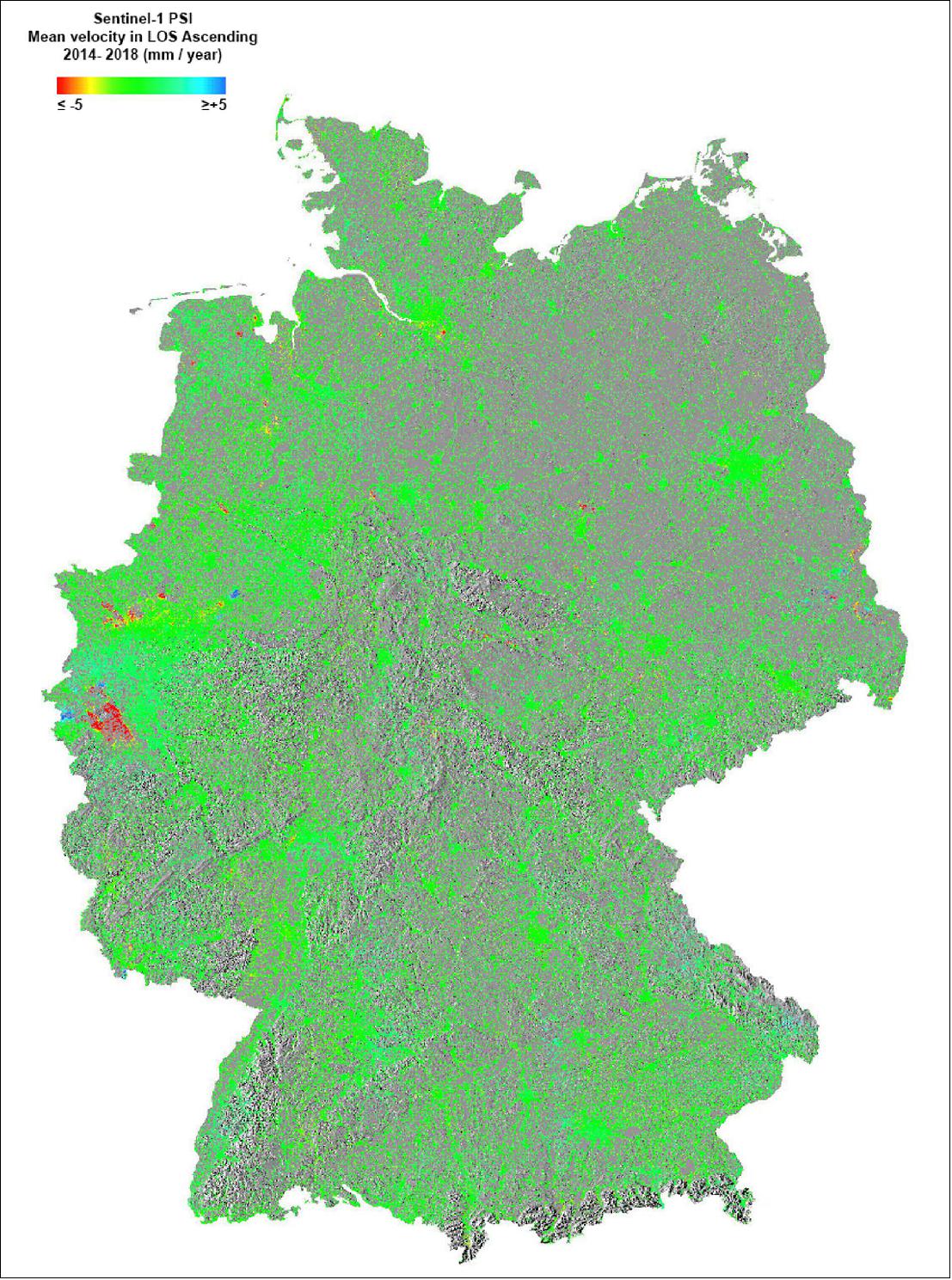 Figure 6: Based on ‘Persistent Scatterer Interferometry’ radar data from the Copernicus Sentinel-1 mission, this is the first nationwide map of ground surface deformation. The map shows how the land surface shifted in millimeters a year between 2014 and 2018. The subsidence shown in red is located in the Rheinisches Braukohlerevier (lignite region in the bight of Cologne) in the west of the country due to open pit lignite mining accompanied by groundwater lowering. Blue patches in the adjacent area are likely to be related to the rise of groundwater after mining activities ceased (image credit: ESA, the image contains modified Copernicus Sentinel data (2014–18), processed by BGR)