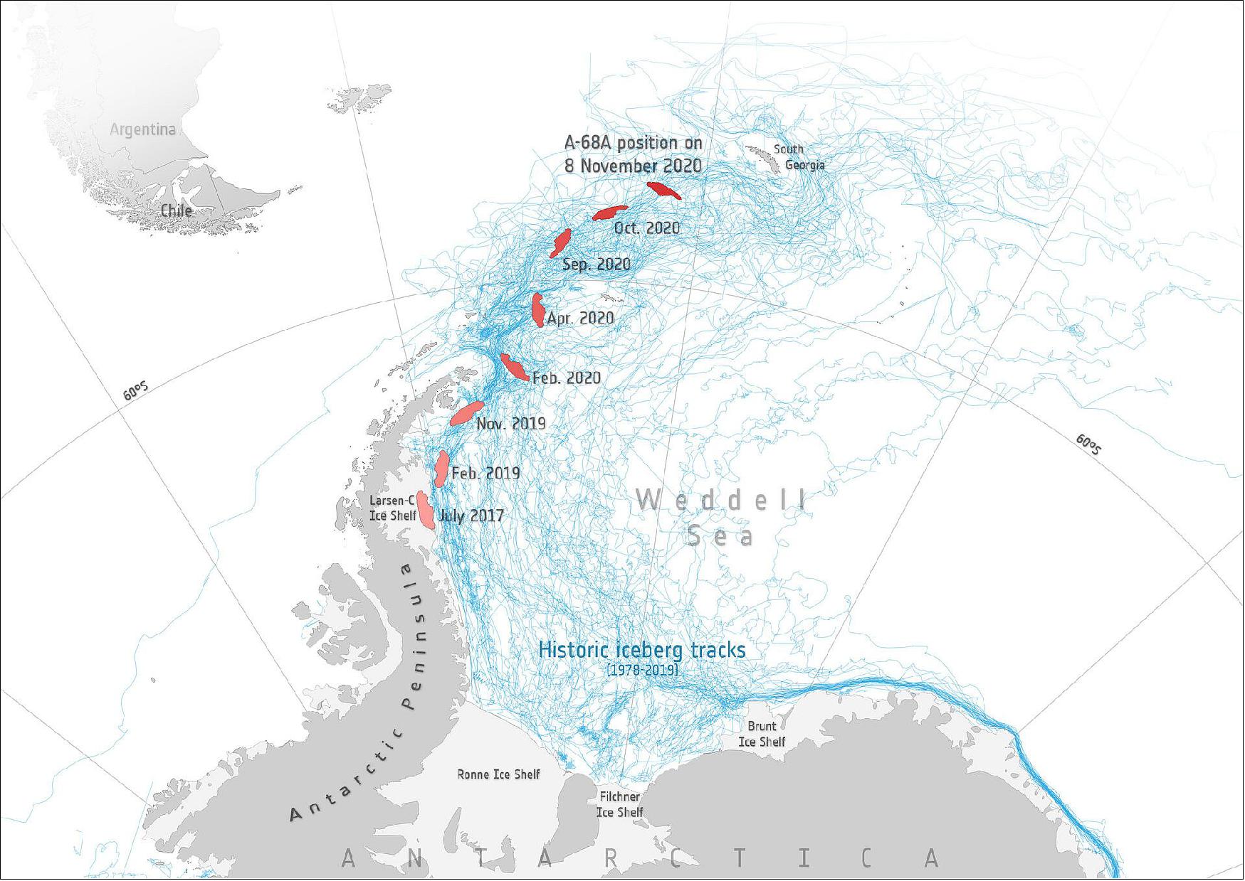 Figure 4: The map includes historic iceberg tracks, based on data from a number of satellites including ESA’s ERS-1 and ERS-2 as part of the Antarctic Iceberg Tracking Database, and shows that A-68A is following this well-trodden path. Hopefully, currents will take A-68A around South Georgia and off to the northwest, and eventually break up (image credit: ESA, the map contains modified Copernicus Sentinel data (2017–20), processed by ESA; Antarctic Iceberg Tracking Database)