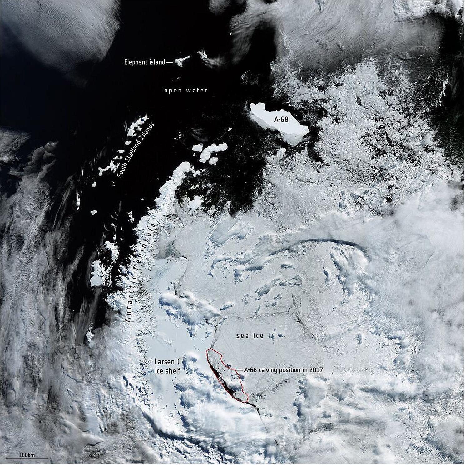 Figure 19: A huge iceberg called A68 calved from the Antarctic Peninsula’s Larsen C ice shelf on 12 July 2017. This image, which was captured by the Copernicus Sentinel-3 mission, shows its position on 9 February 2020. The berg is now known as A-68A after losing two chunks of ice: A-68B and A-68C. Antarctic icebergs are named from the Antarctic quadrant in which they were originally sighted, then a sequential number, then, if the iceberg breaks, a sequential letter (image credit: ESA, the image contains modified Copernicus Sentinel data (2020), processed by ESA, CC BY-SA 3.0 IGO)