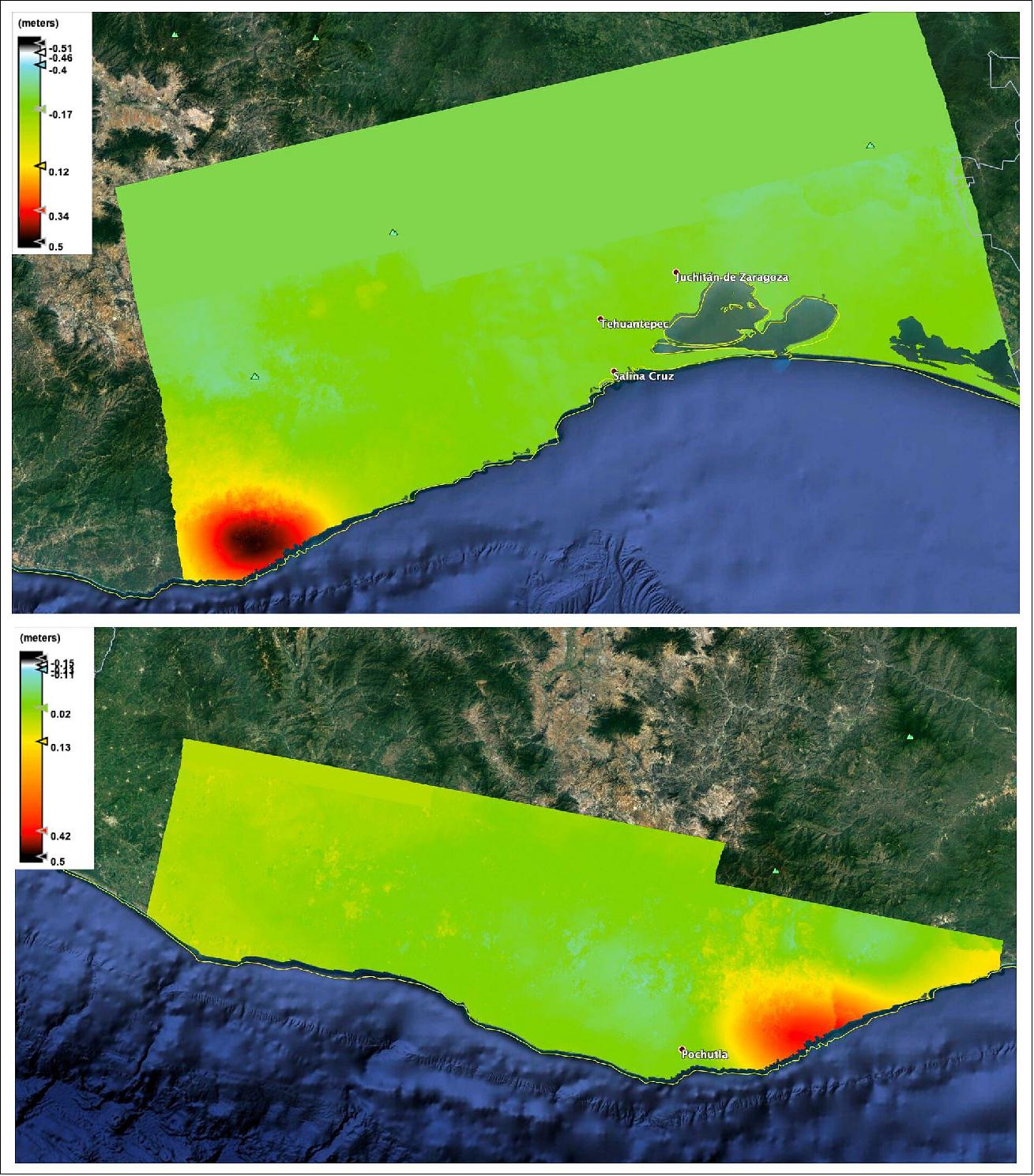Figure 16: Surface deformation. Displacement measured in the radar line of sight from the descending (top) and ascending (bottom) passes (image credit: ESA, the maps contain modified Copernicus Sentinel data (2020), processed by ESA, CC BY-SA 3.0 IGO)
