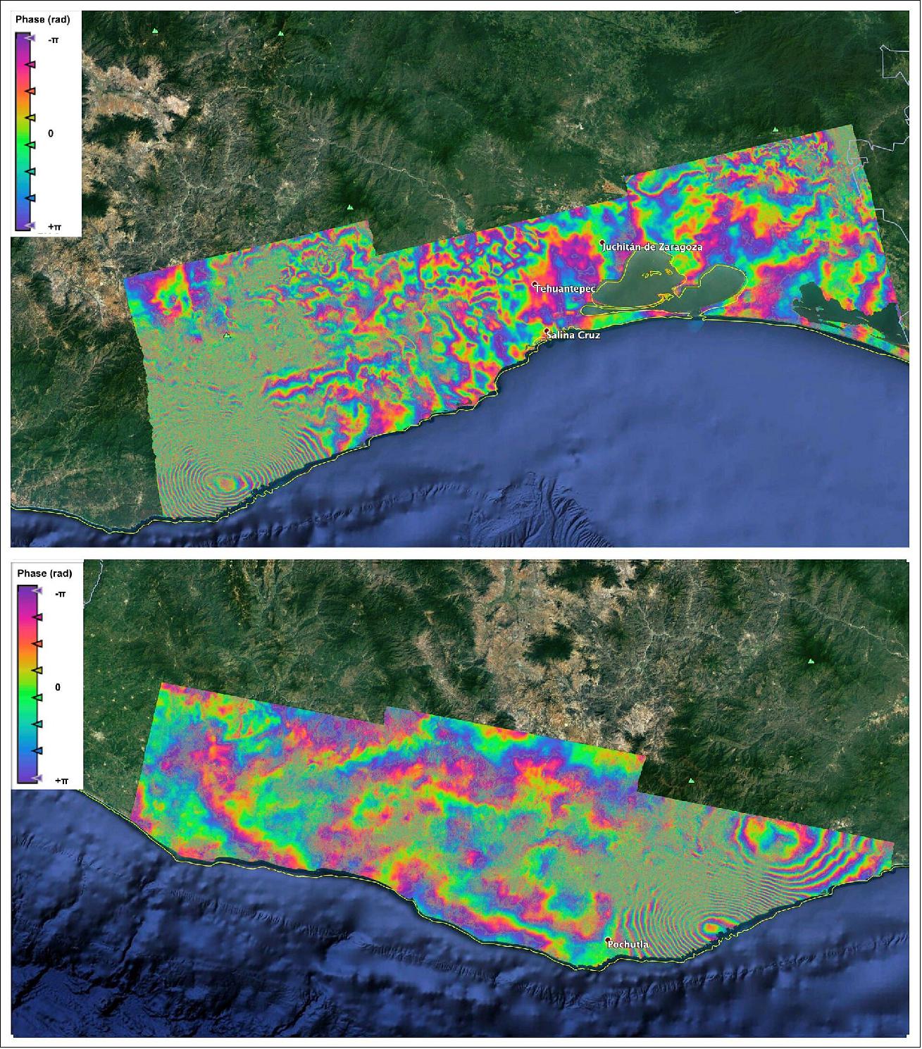 Figure 15: Interferogram showing the coseismic surface displacement in the area of Oaxaca, Mexico, generated from multiple Sentinel-1 scans – before and after the 23 June earthquake. By combining data from the Copernicus Sentinel-1 mission, acquired before and after the earthquake, changes on the ground that occurred between the two acquisition dates lead to the colorful interference patterns in the images, known as an 'interferogram', enabling scientists to quantify the ground movement (image credit: ESA, the image contains modified Copernicus Sentinel data (2020), processed by ESA, CC BY-SA 3.0 IGO)