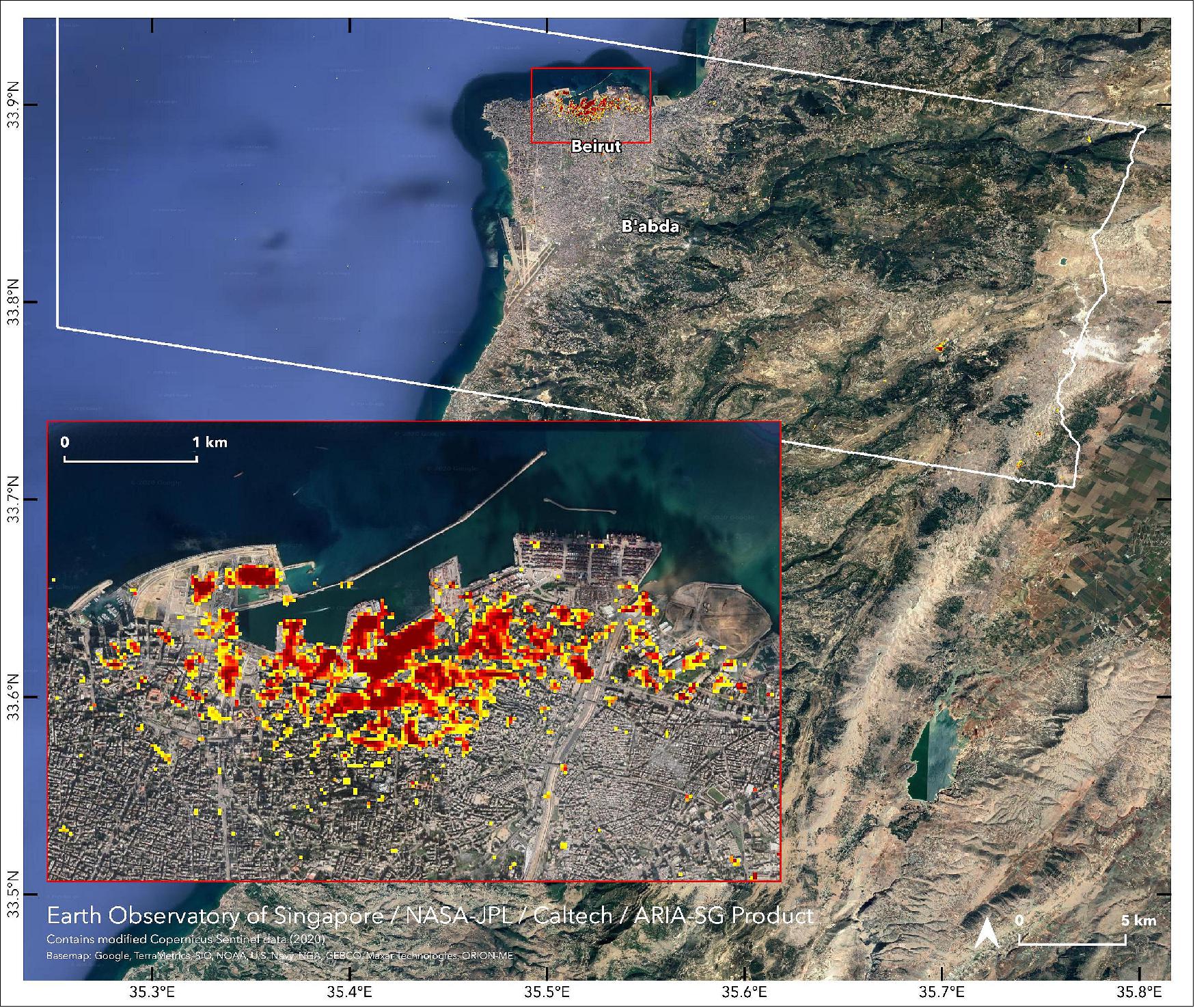 Figure 13: The map contains modified Copernicus Sentinel-1 data processed by ESA (European Space Agency) and analyzed by ARIA team scientists at NASA's Jet Propulsion Laboratory, Caltech, and Earth Observatory of Singapore. Based in Pasadena, California, Caltech manages JPL for NASA. The ARIA team used satellite data to map the extent of likely damage following a massive explosion in Beirut. Dark red pixels represent the most severe damage. Areas in orange are moderately damaged, and areas in yellow are likely to have sustained somewhat less damage. Each colored pixel represents an area of 30 meters (image credit: NASA/JPL-Caltech/Earth Observatory of Singapore/ESA)