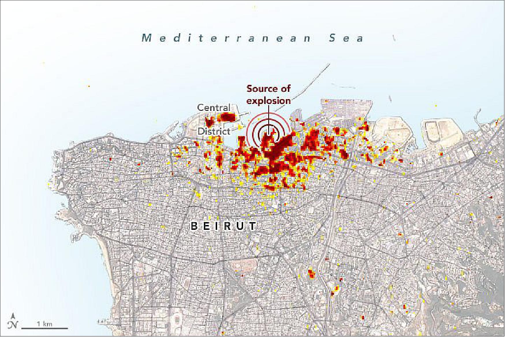 Figure 12: This image is a damage proxy map created by scientists affiliated with NASA’s Advanced Rapid Imaging and Analysis (ARIA) team and the Earth Observatory of Singapore (EOS). Dark red pixels represent the most severe damage, while orange and yellow areas are moderately or partially damaged. Each colored pixel represents an area of 30 m2 (about the size of a baseball diamond), [image credit: NASA Earth Observatory image by Joshua Stevens, using modified Copernicus Sentinel data (2020) processed by ESA and analyzed by Earth Observatory of Singapore (EOS) in collaboration with NASA-JPL and Caltech, Landsat data from the U.S. Geological Survey, and data from OpenStreetMap. Story by Esprit Smith, NASA's Earth Science News Team, and Michael Carlowicz]