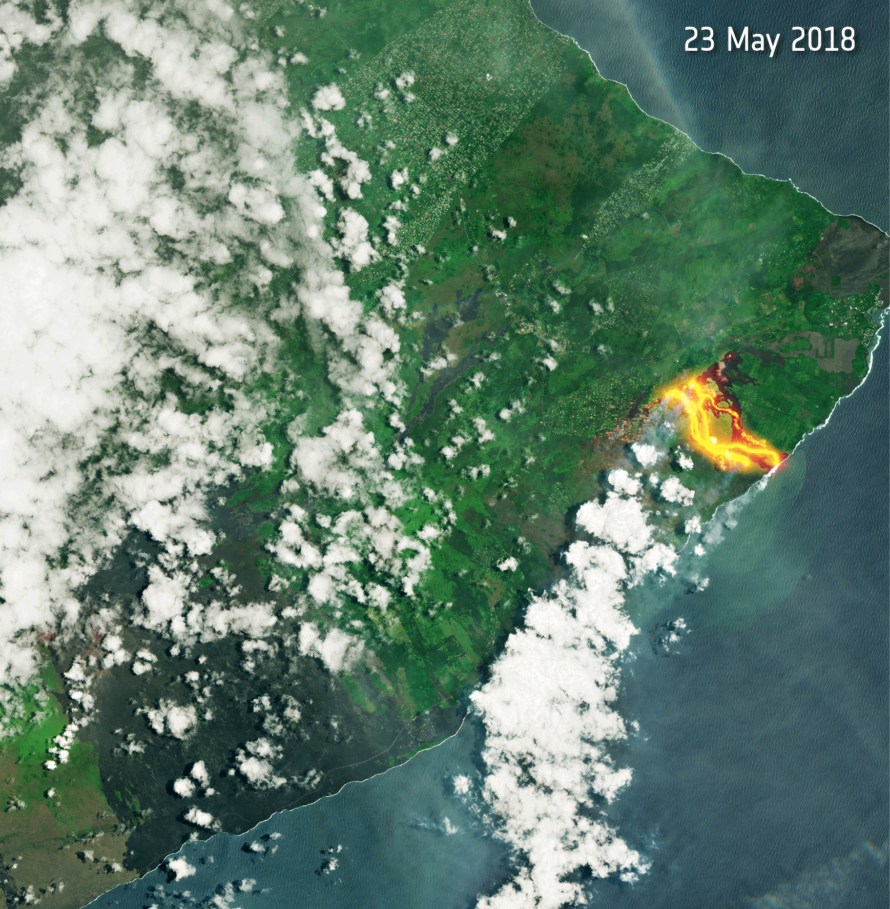 Figure 22: Restless Kilauea. Fiery lava continues to pour from the Kilauea volcano on Hawaii’s Big Island. These Copernicus Sentinel-2 images from 23 May, 7 June and 12 June 2018 show the relentless flow of lava and clouds of ash. This is an update of the Hawaii lava flow animation published on 8 June. The eruption, which began in early May, has destroyed more than 600 homes, spread lava over more than 800 ha of land and opened up at least 22 fissures in the ground, according to Hawaii County Mayor Harry Kim. Although this eruption has produced slow-moving lava, which has allowed people to evacuate, it is reported to be the most destructive eruption in the U.S. since that of Mount St. Helen’s in May 1980 (image credit: ESA, the image contains modified Copernicus Sentinel data (2018), processed by ESA, CC BY-SA 3.0 IGO)