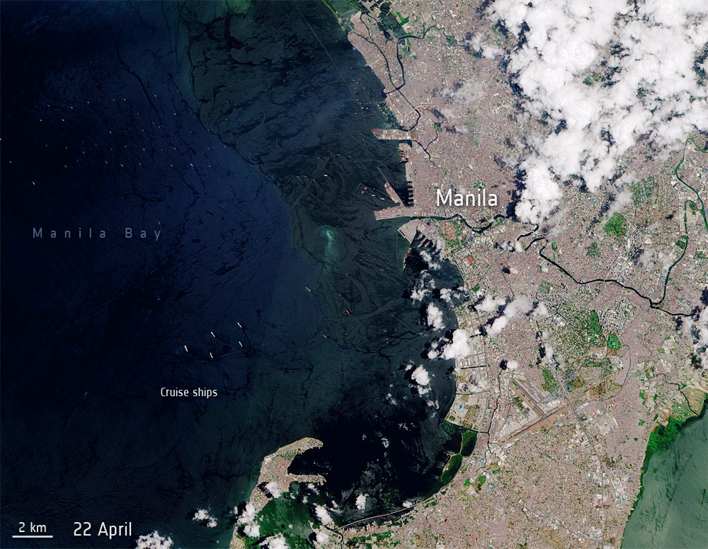 Figure 33: Manila Bay, in the Philippines, has been transformed into a parking lot for cruise ships. In this animation, around 20 vessels can be seen anchored off the coast of Manila Bay. Captured by the Copernicus Sentinel-2 mission, this animation contains a sequence of images captured on 22 April, 2 May and 22 May 2020 (image credit: ESA, the image contains modified Copernicus Sentinel data (2020), processed by ESA, CC BY-SA 3.0 IGO)