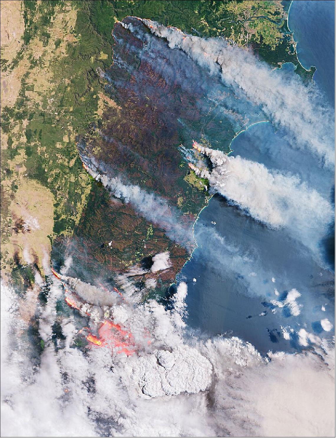 Figure 68: The Copernicus Sentinel-2 mission has been used to image the fires. The Sentinel-2 satellites each carry just one instrument – a high-resolution multispectral imager with 13 spectral bands. The smoke, flames and burn scars can be seen clearly in the image shown here, which was captured on 31 December 2019. The large brownish areas depict burned vegetation and provide an idea of the size of the area affected by the fires here – the brown ‘strip’ running through the image has a width of approximately 50 km and stretches for at least 100 km along the Australian east coast (image credit: ESA, the image contains modified Copernicus Sentinel data (2019), processed by ESA, CC BY-SA 3.0 IGO)