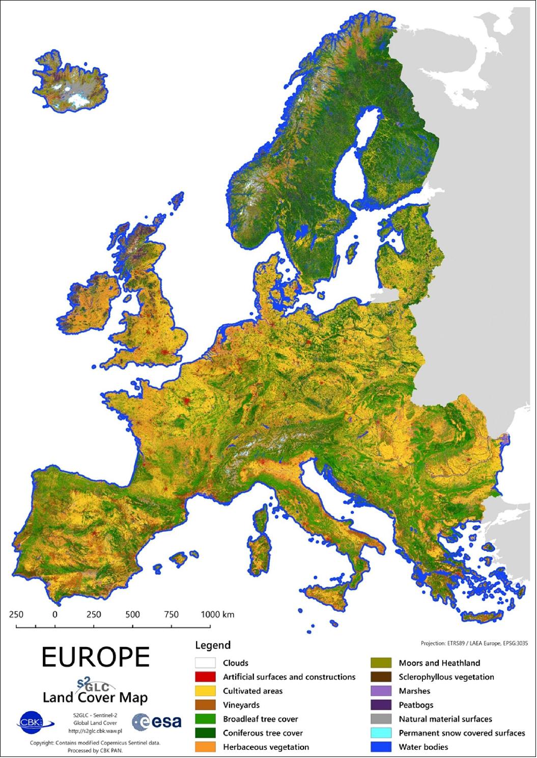 Figure 50: Europe land-cover mapped in 10 m resolution of 2017 (image credit: ESA, the image contains modified Copernicus Sentinel data (2017), processed by CBK PANsí mi)