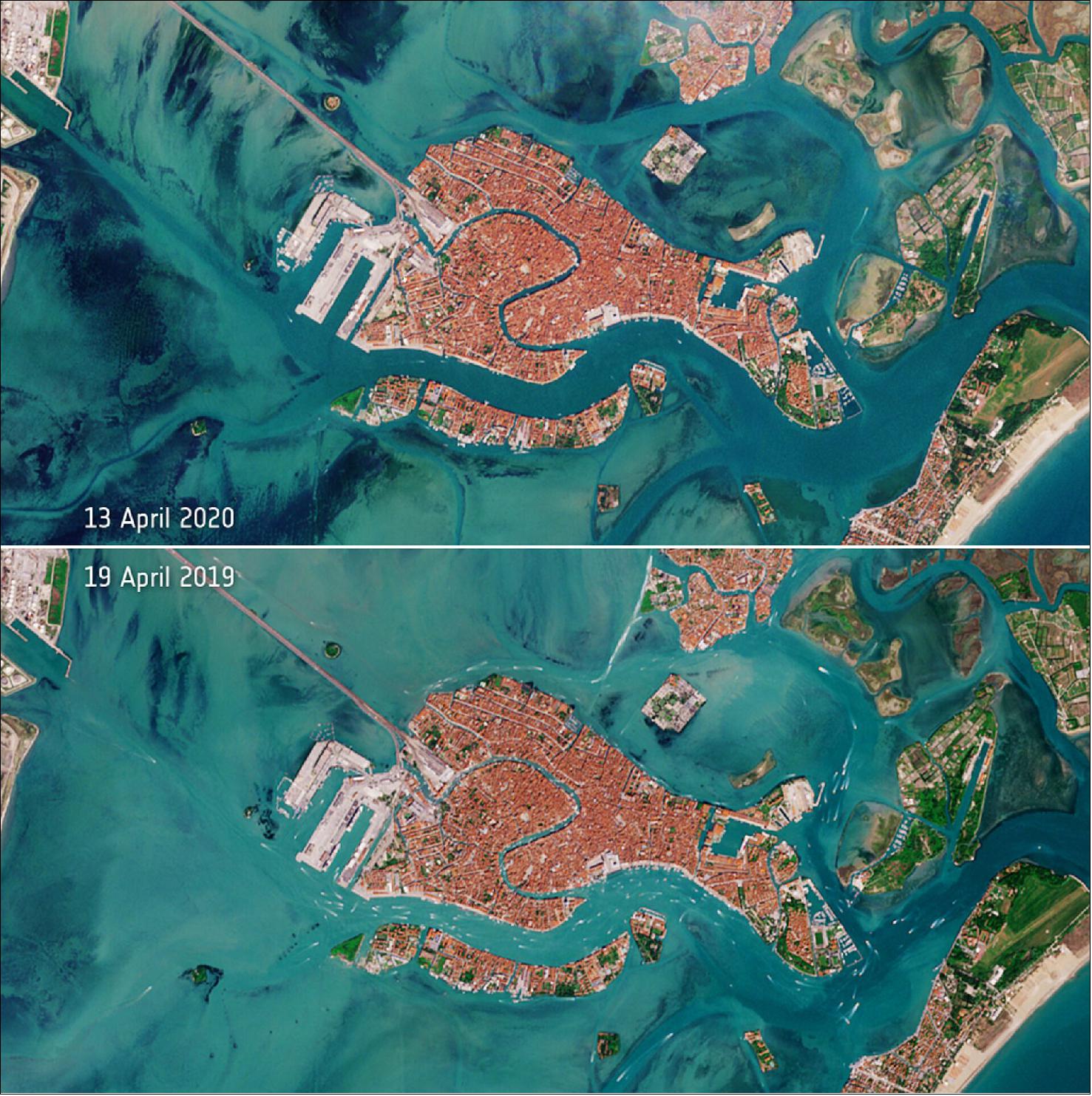 Figure 47: These images show one of the effects of the locked-down city of Venice, in northern Italy. The top image, captured 13 April 2020, shows a distinct lack of boat traffic compared to the image from 19 April 2019 (image credit: ESA, the images contain modified Copernicus Sentinel data (2019-20), processed by ESA, CC BY-SA 3.0 IGO)