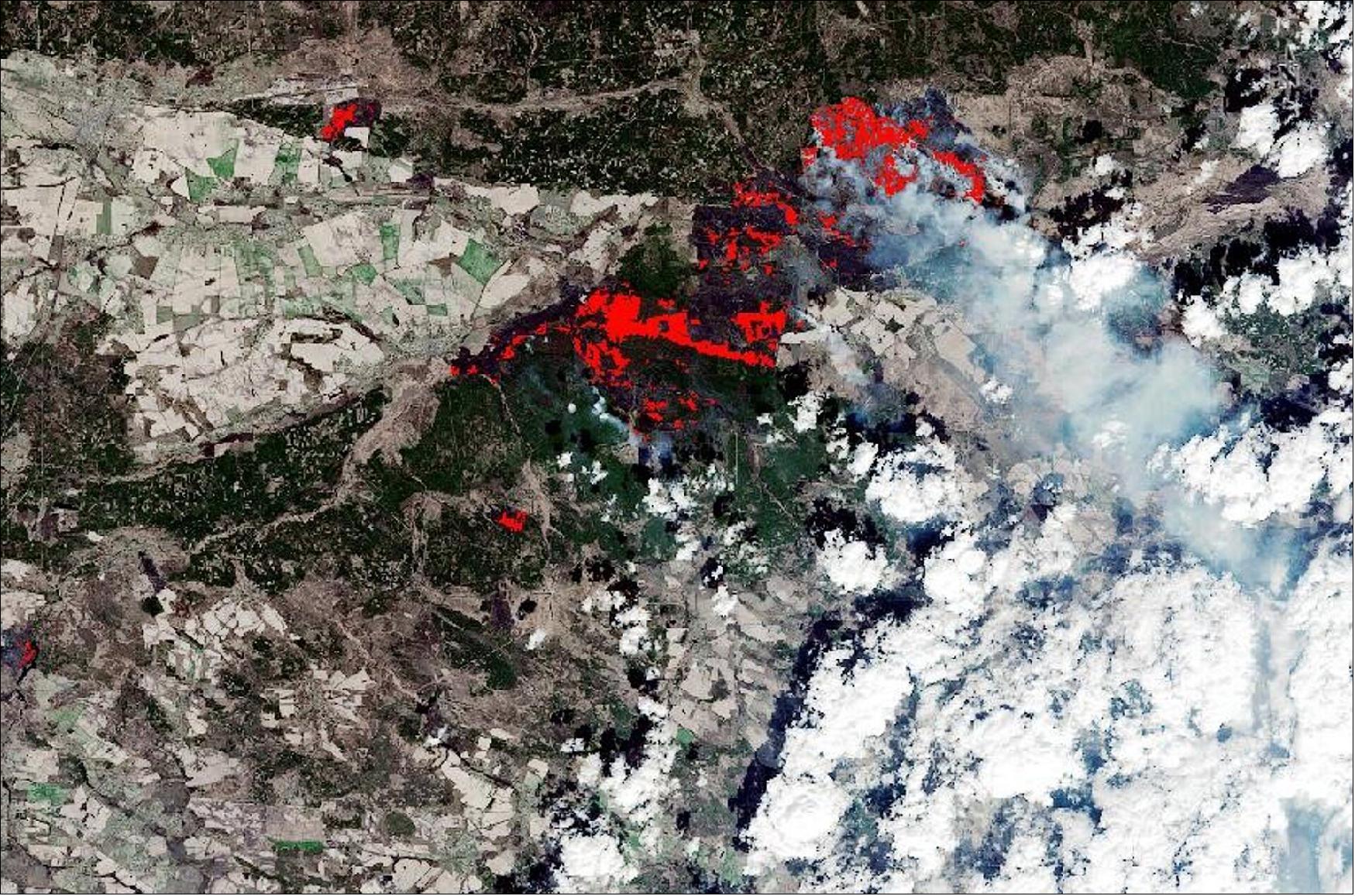 Figure 46: This extract of a burned area mapping product was generated by the CIMA Foundation and Fadeout using the WASDI processing environment. It is based on images acquired by Copernicus Sentinel-2 on 26 March and 10 April 2020. It shows the burned area around Chernobyl in the Ukraine on 10 April following an outbreak of wildfires. CIMA Foundation is leading an ESA project called eDRIFT that is looking at Disaster Risk Financing using Cloud processing of Copernicus Sentinel imagery (image credit: ESA, the image contains Copernicus Sentinel data (2020), processed by CIMA Foundation and Fadeout srl)