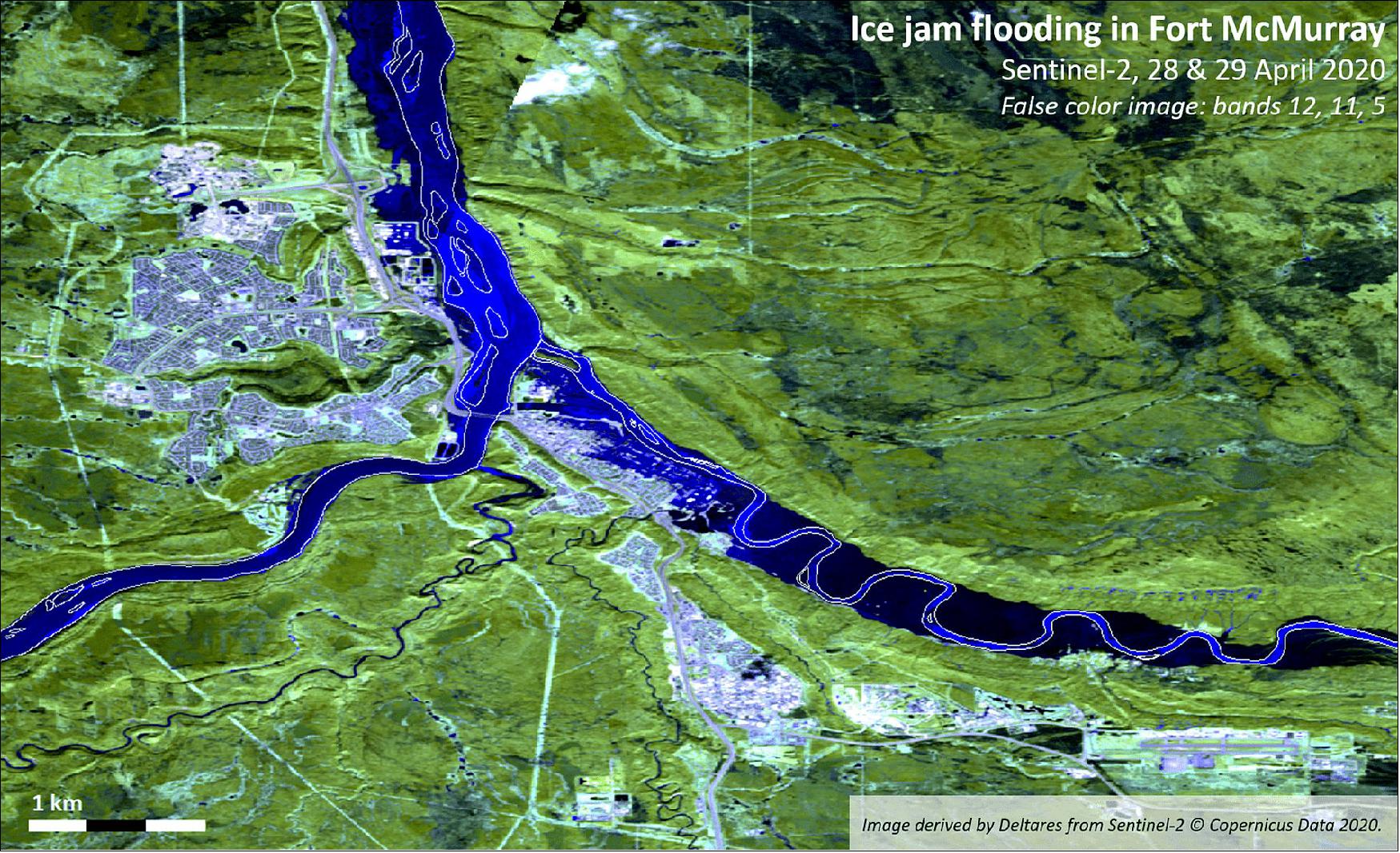 Figure 37: This false-color image was captured by the Copernicus Sentinel-2 mission and shows the extent of the flooding. This composite image contains images acquired on 28 April (majority of image, bottom right) and 29 April 2020 (top left). White lines in the image indicate the normal extent of the river channel (image credit: ESA, the image contains modified Copernicus Sentinel data (2020), processed by Deltares)