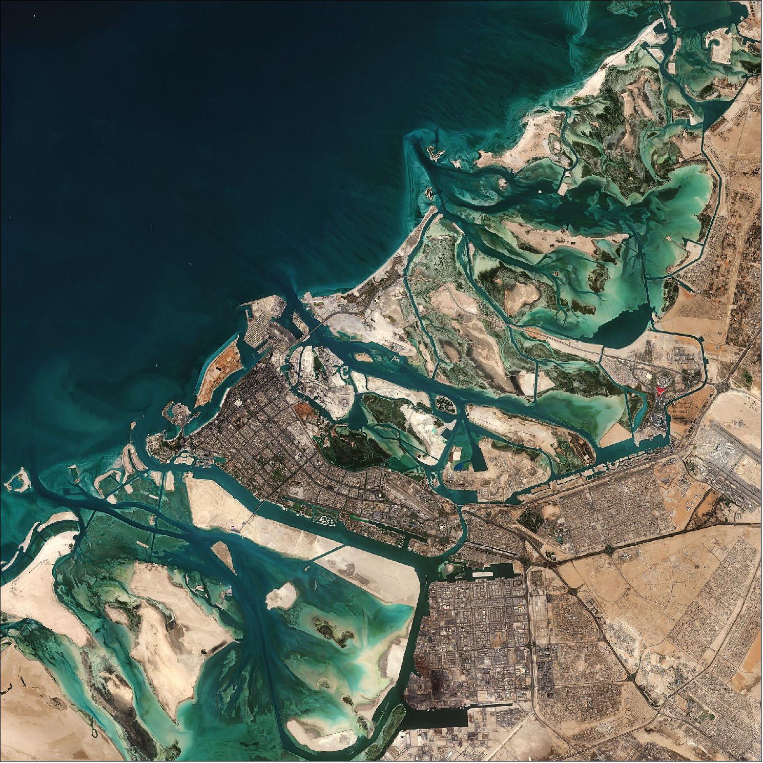 Figure 36: The city of Abu Dhabi, after which the emirate is named, is located on an island in the Persian Gulf and can be seen slightly below the center of the image. Abu Dhabi is the capital and the second-most populous city of the UAE – after Dubai. The city is directly connected to the mainland by three bridges: Maqta, Mussafah and Sheikh Zayed. This image, captured on 27 January 2019, is also featured on the Earth from Space video program (image credit: ESA, the image contains modified Copernicus Sentinel data (2019), processed by ESA, CC BY-SA 3.0 IGO)