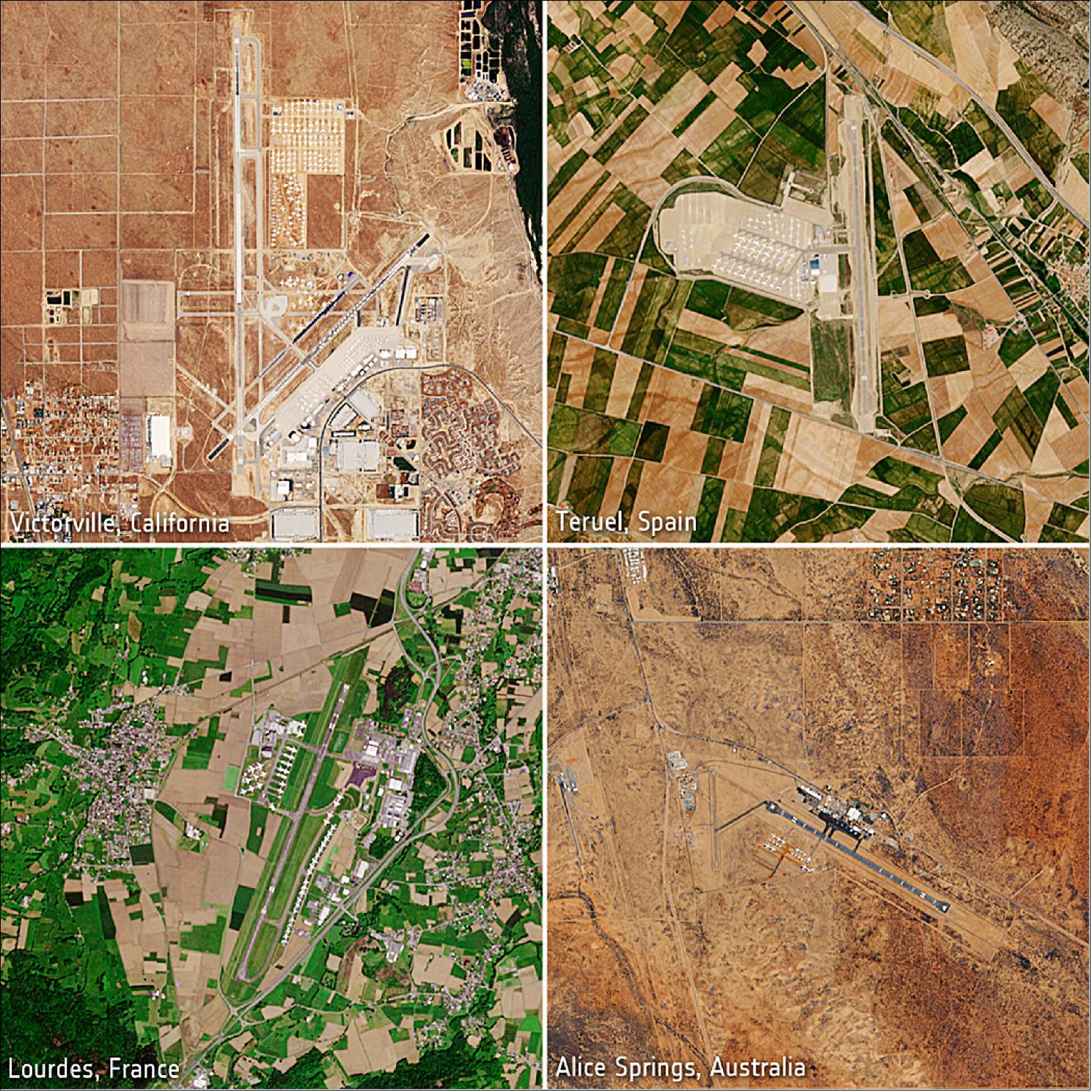 Figure 32: Parked planes. These images show parked planes at various airports around the world during the coronavirus pandemic. The Copernicus Sentinel-2 images were captured in May 2020 (image credit: ESA, the image contains modified Copernicus Sentinel data (2020), processed by ESA, CC BY-SA 3.0 IGO)