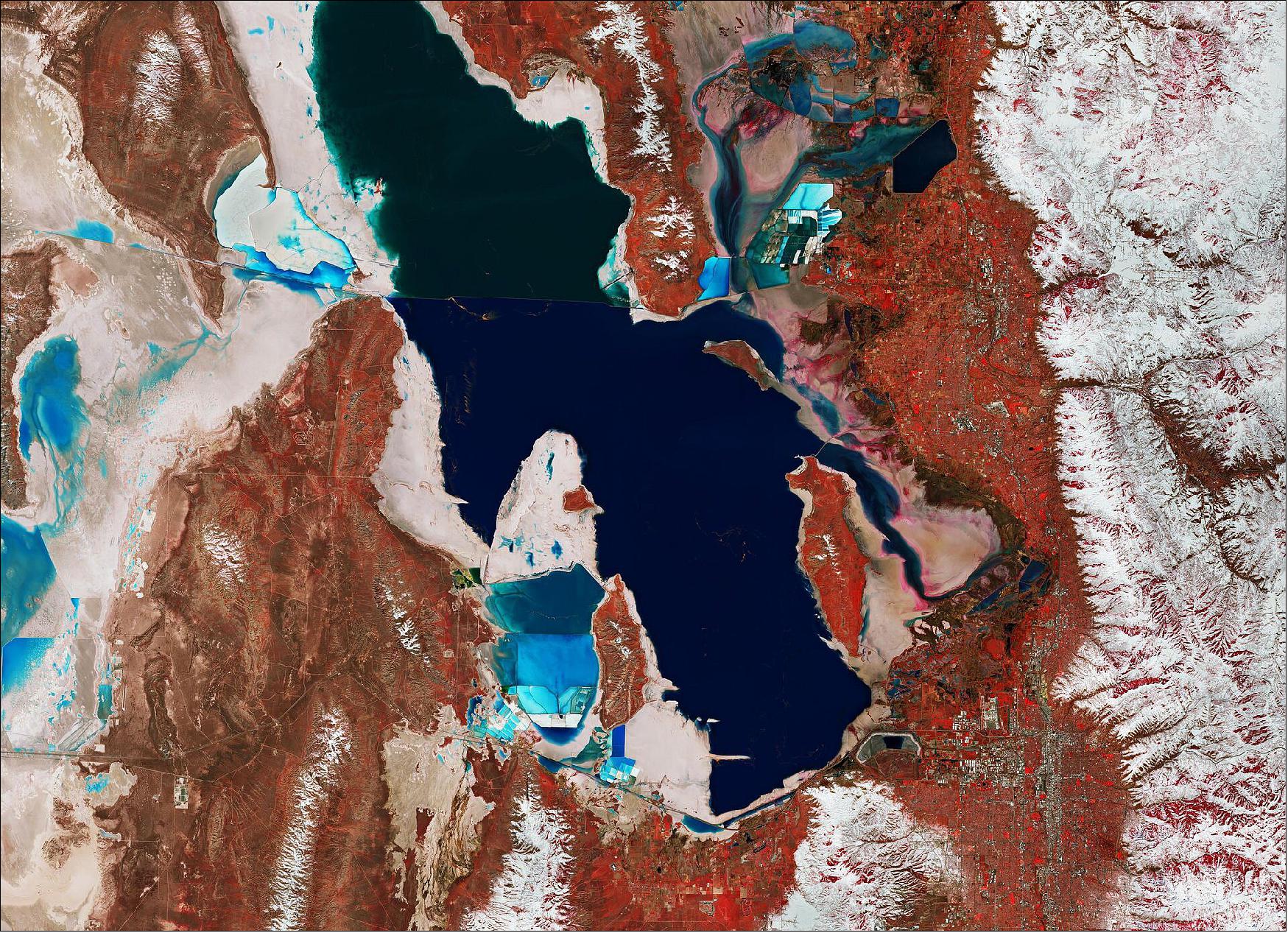 Figure 26: Utah’s Great Salt Lake and its surroundings are featured in this false-color image captured by the Copernicus Sentinel-2 mission. This image, which was captured on 17 March 2019, is also featured on the Earth from Space video program (image credit: ESA, the image contains modified Copernicus Sentinel data (2019), processed by ESA, CC BY-SA 3.0 IGO)