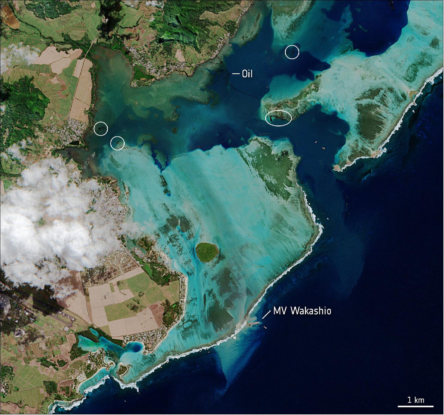 Figure 19: In this image, captured on 11 August by the Copernicus Sentinel-2 mission, the MV Wakashio, visible in the bottom of the image, is stranded close to Pointe d’Esny, an important wetland area. The oil slick can be seen as a thin, black line surrounded by the bright turquoise colors of the Indian Ocean. Oil is visible near the boat, as well as other locations around the lagoon (image credit: ESA, the image contains modified Copernicus Sentinel data (2020), processed by ESA, CC BY-SA 3.0 IGO)