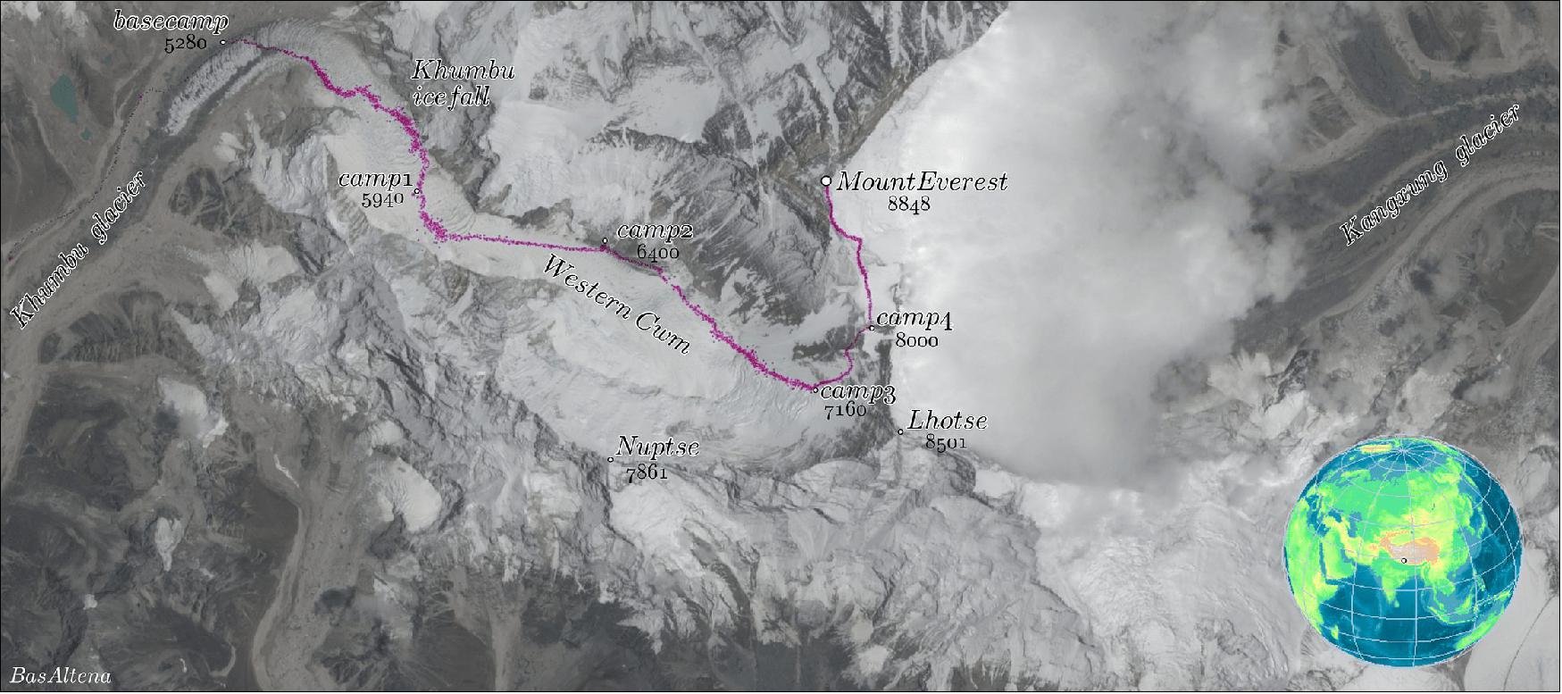 Figure 15: In this Copernicus Sentinel-2 image of Mount Everest, the eastern side of the mountain is obstructed by clouds, while the normal route from the Nepalese side is clearly visible. The GPS trajectories of the climbers on this route are plotted in purple (image credit: ESA, the image contains modified Copernicus Sentinel data (2020), processed by the Department of Geosciences, University of Oslo)